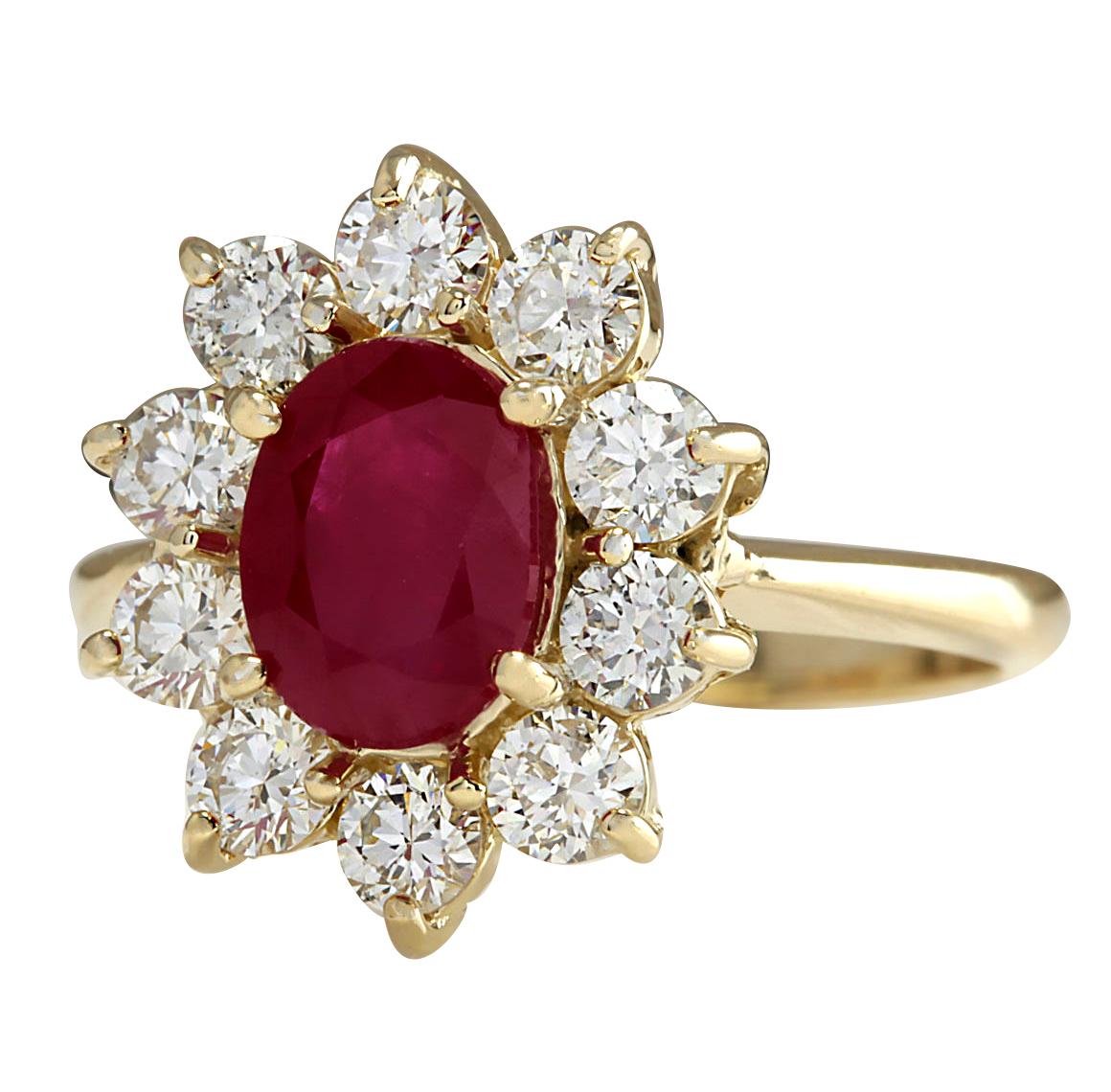 2.90 Carat Natural Ruby 14 Karat Yellow Gold Diamond Ring
Stamped: 14K Yellow Gold
Total Ring Weight: 4.2 Grams
Total Natural Ruby Weight is 1.77 Carat (Measures: 8.00x6.00 mm)
Color: Red
Total Natural Diamond Weight is 1.13 Carat
Color: F-G,