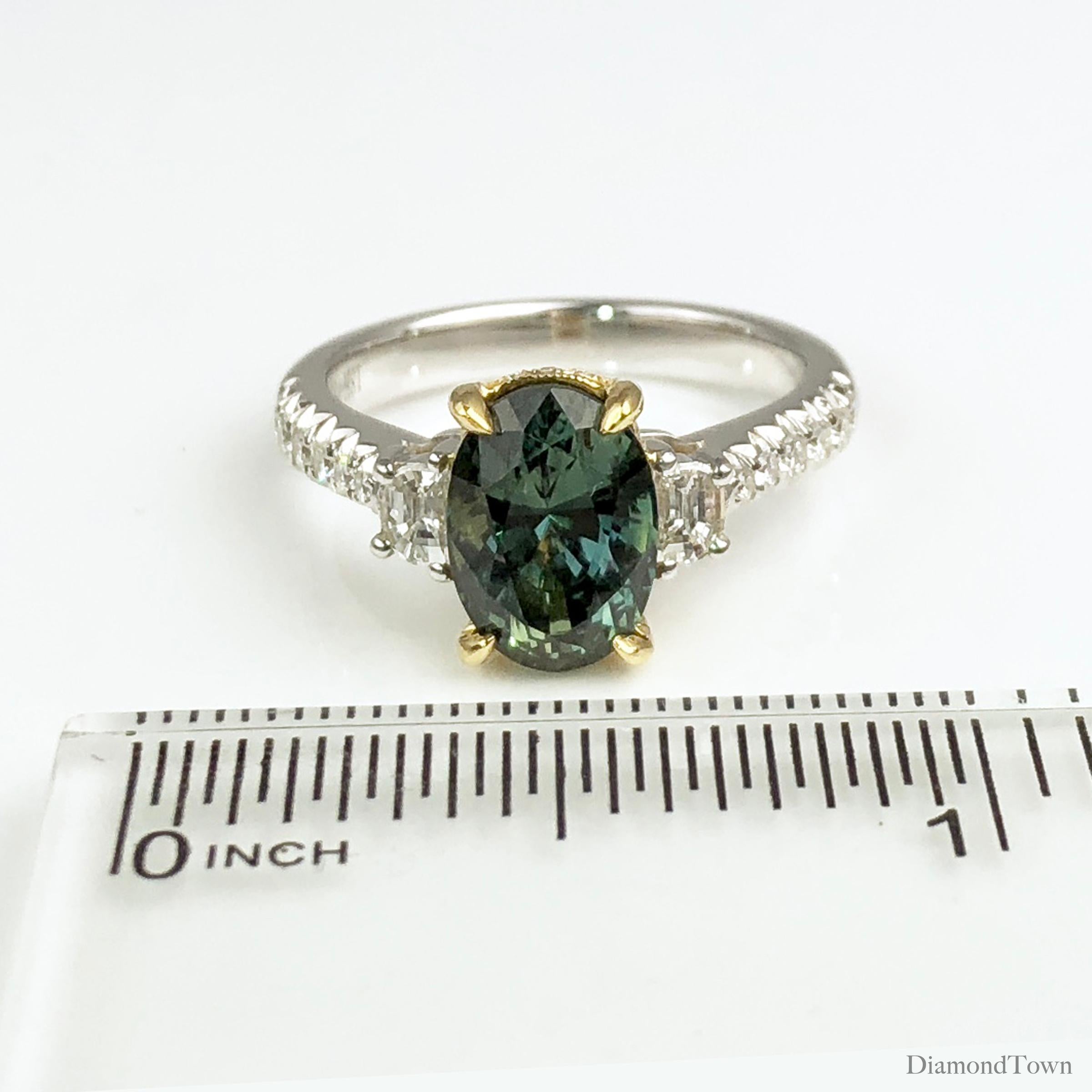 Contemporary 2.90 Carat Oval Cut Exotic Forest Green Sapphire and 0.57 Carat Diamond Ring