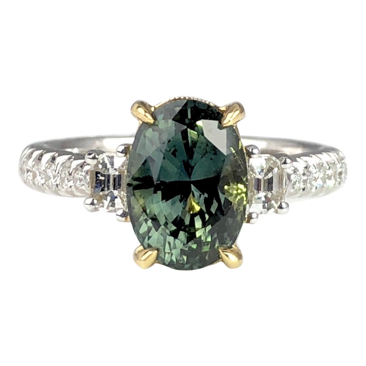 2.90 Carat Oval Cut Exotic Forest Green Sapphire and 0.57 Carat Diamond Ring