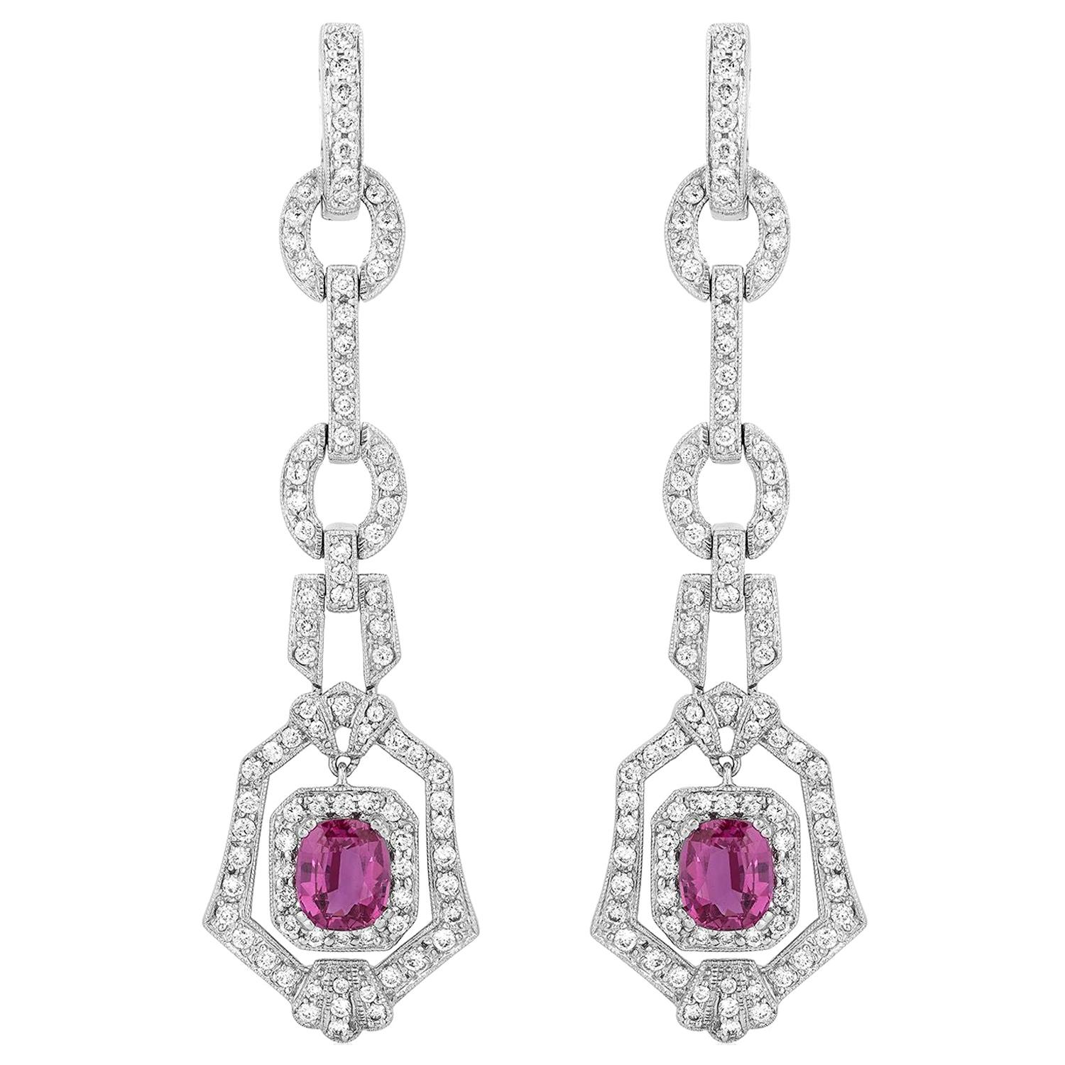 2.90 Carat Pink Sapphire Diamond Dangle Earrings