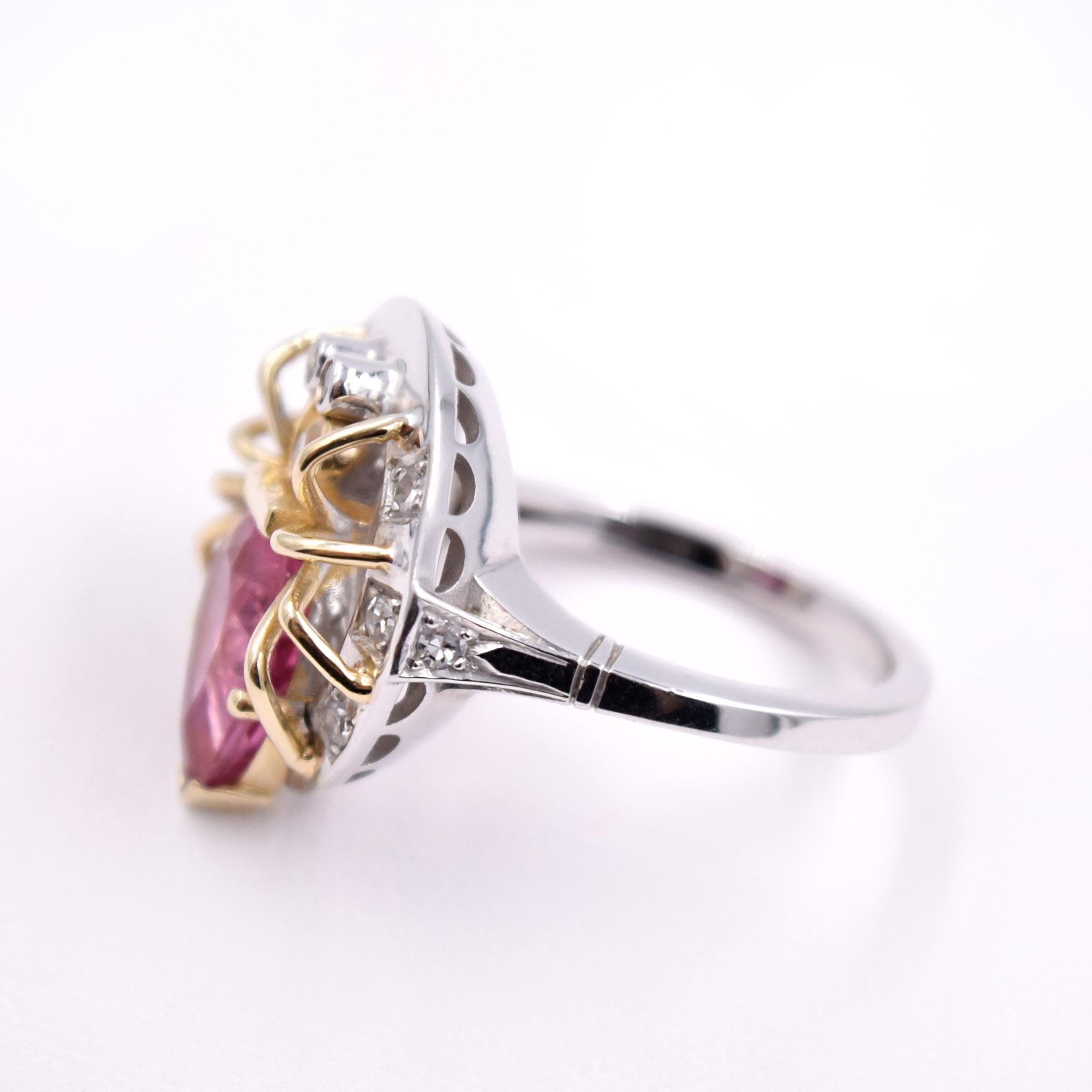 Pear Cut 2.90 Carat Pink Tourmaline and .20 Carat Diamond Spider Ring in 14 Karat Gold For Sale