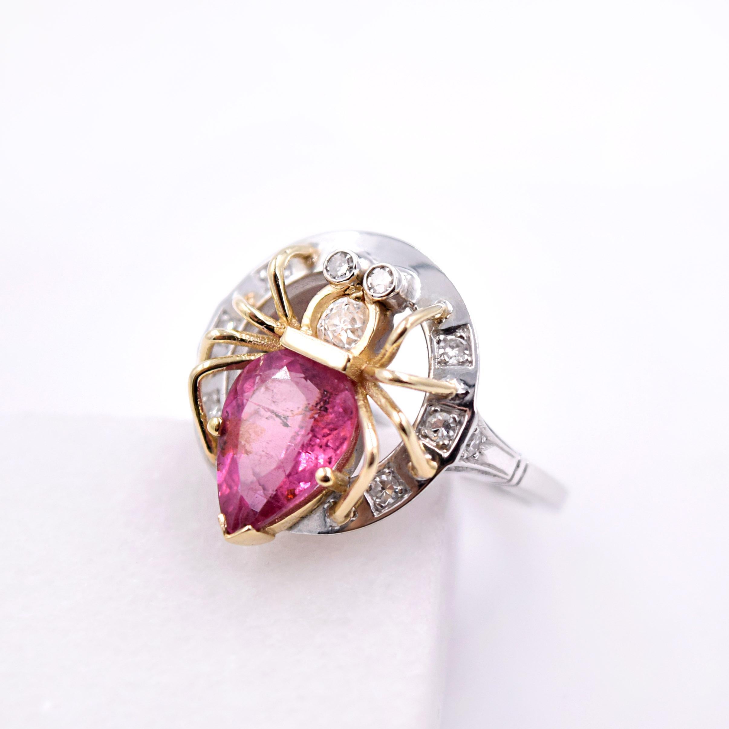 Women's 2.90 Carat Pink Tourmaline and .20 Carat Diamond Spider Ring in 14 Karat Gold For Sale