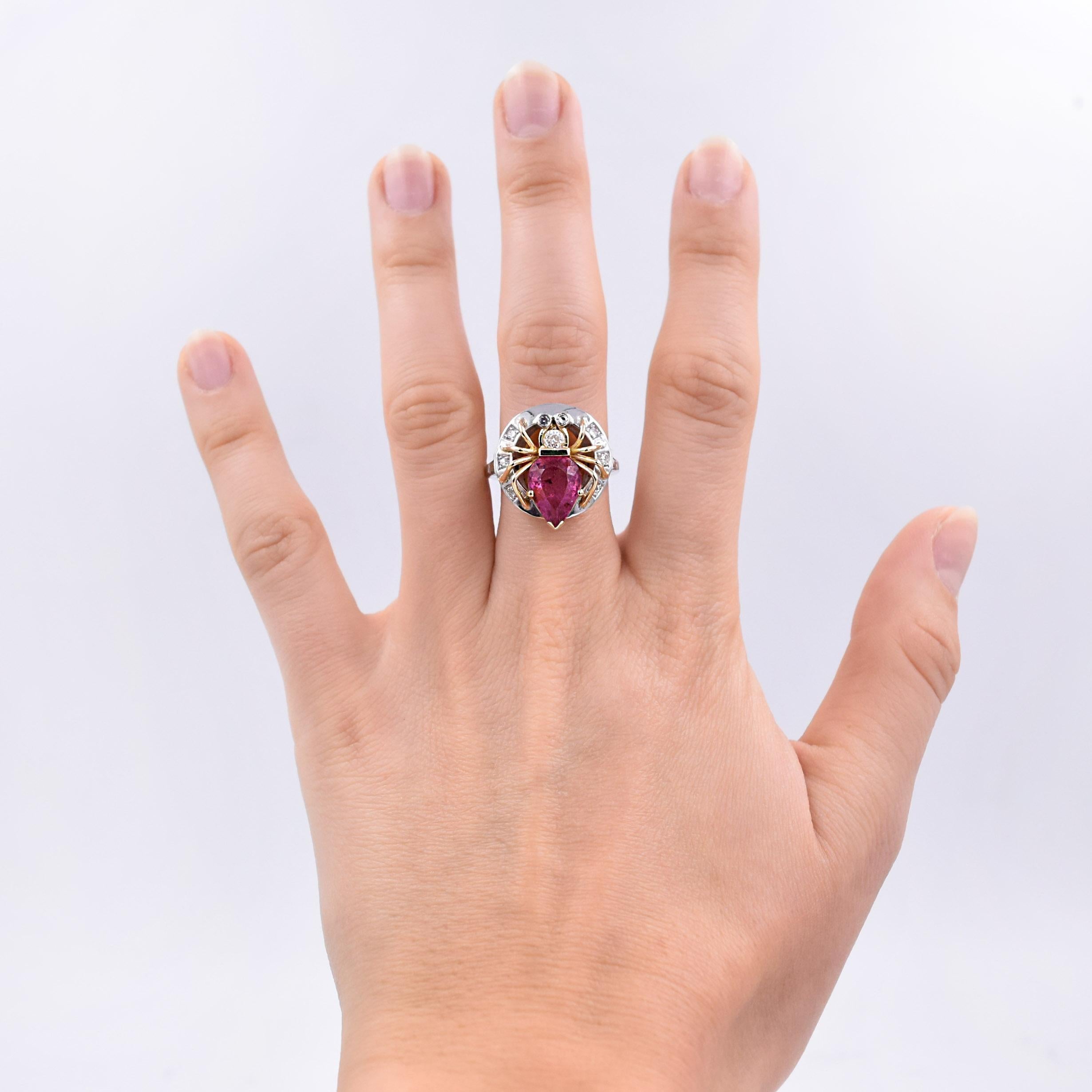 2.90 Carat Pink Tourmaline and .20 Carat Diamond Spider Ring in 14 Karat Gold For Sale 3