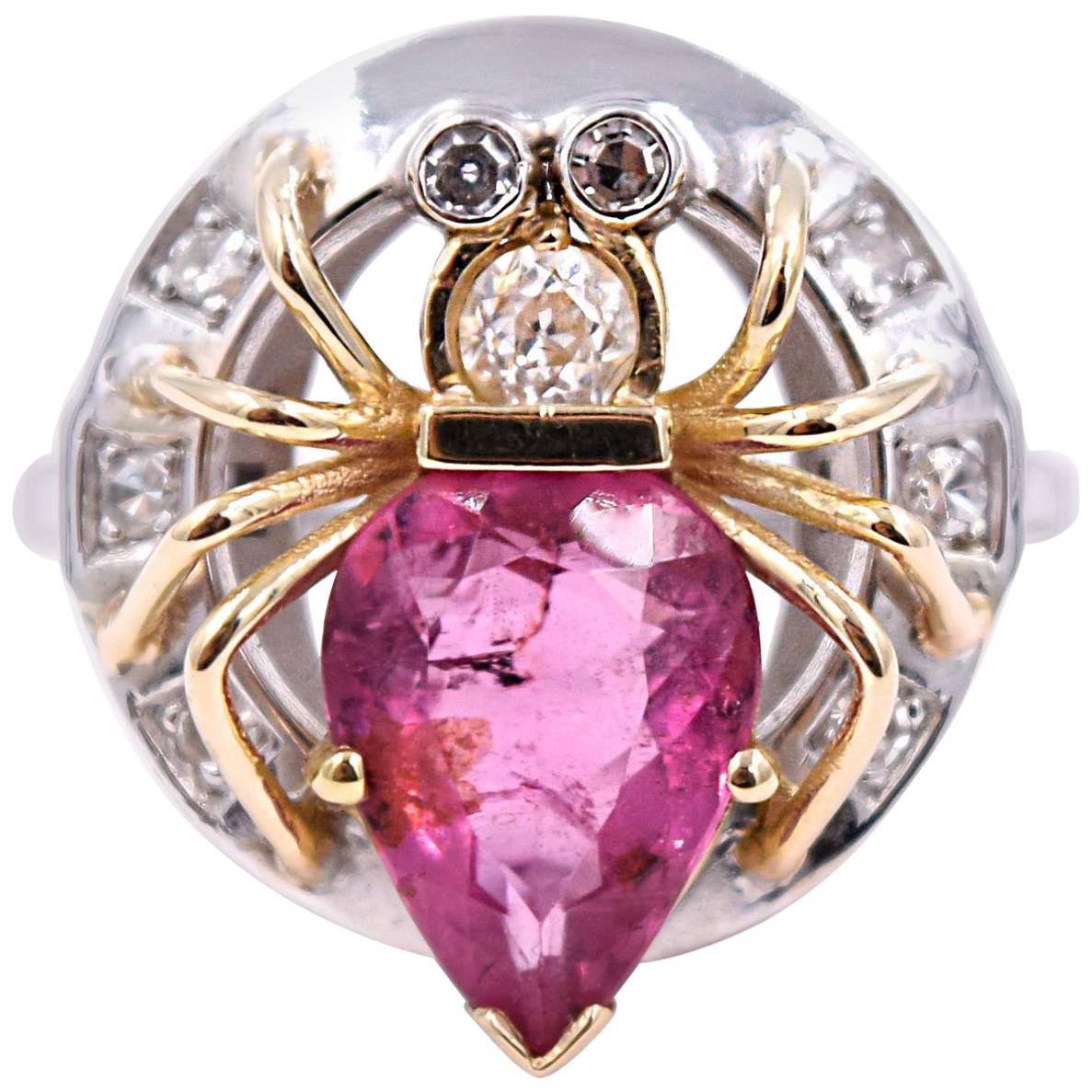 2.90 Carat Pink Tourmaline and .20 Carat Diamond Spider Ring in 14 Karat Gold For Sale