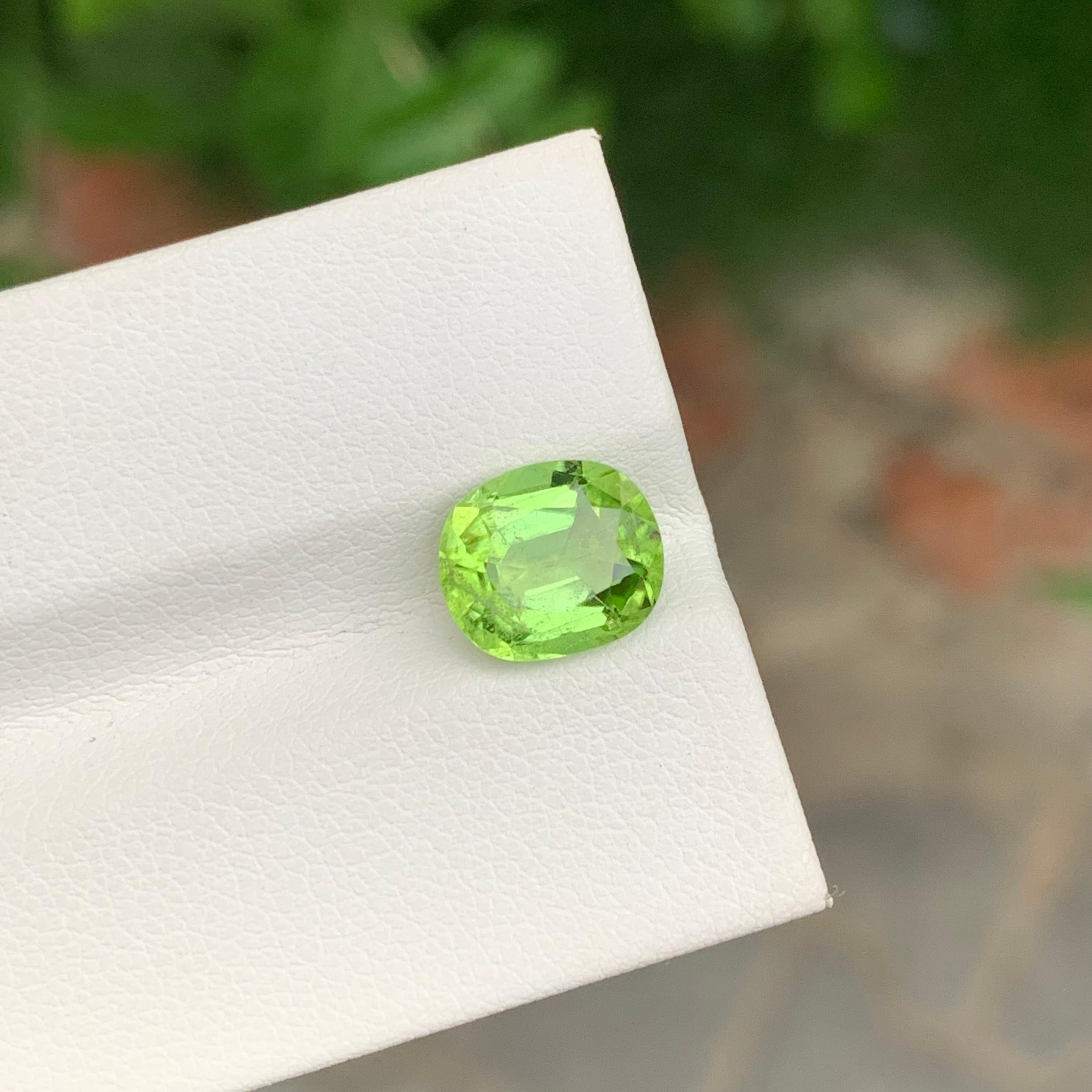 Loose Peridot
Weight: 2.90 Carats
Dimension: 9.2 x 7.9 x 5 Mm
Colour: Green
Origin: Supat Valley, Pakistan
Shape: Cushion 
Certificate: On Demand
Treatment: Non

Peridot, a vibrant and lustrous gemstone, has been cherished for centuries for its