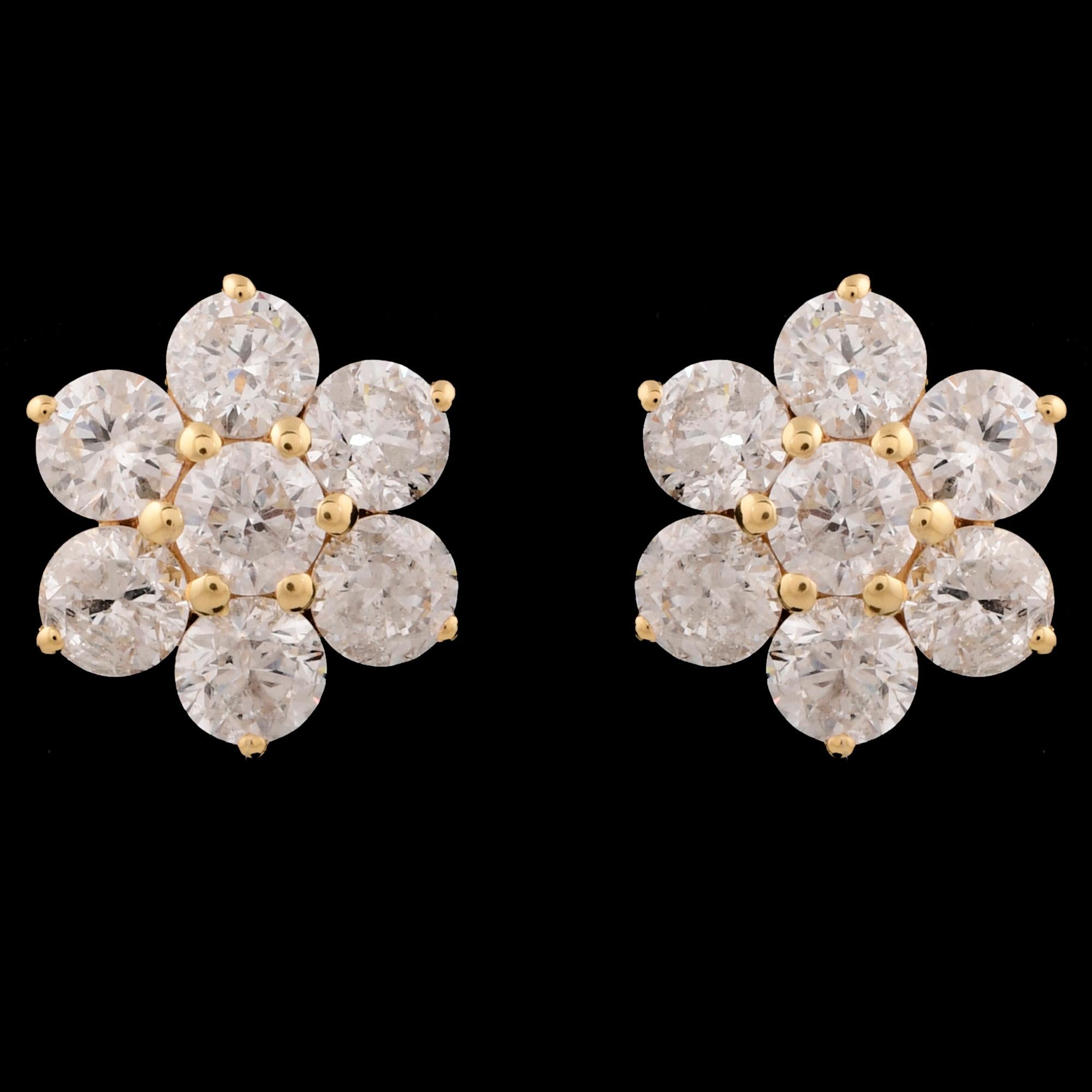 2.90 Carat SI Clarity HI Color Diamond Flower Stud Earrings 18 Karat Yellow Gold For Sale 4