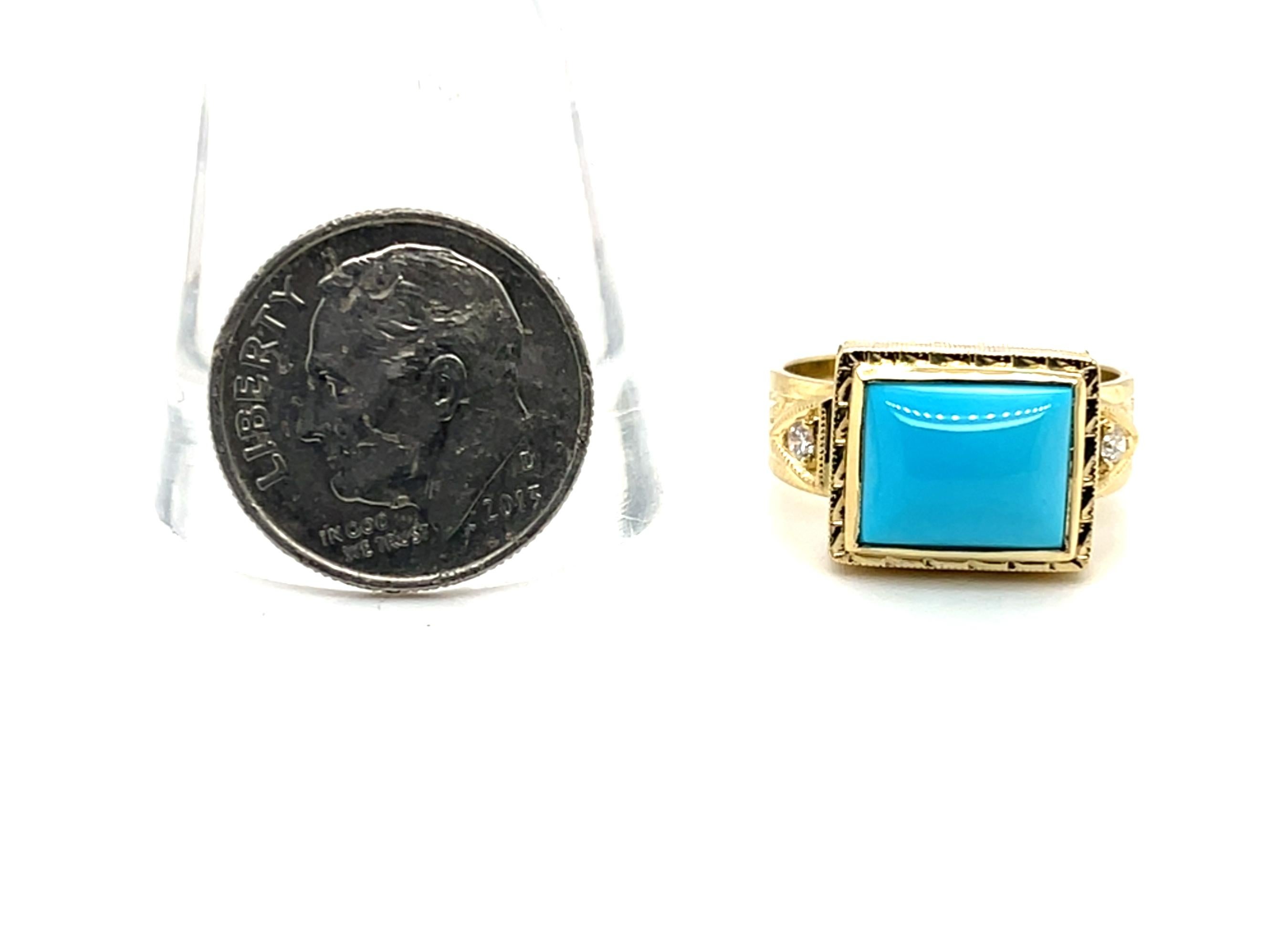 Femenino o masculino Anillo de oro de 18 quilates con banda de diamantes y cabujón de turquesa de la mina de la Bella Durmiente de 2,90 quilates en venta