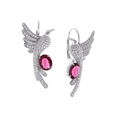 2.90 Carat Total Oval Rubelite and Diamond Hummingbird Earrings in 18 Karat Gold