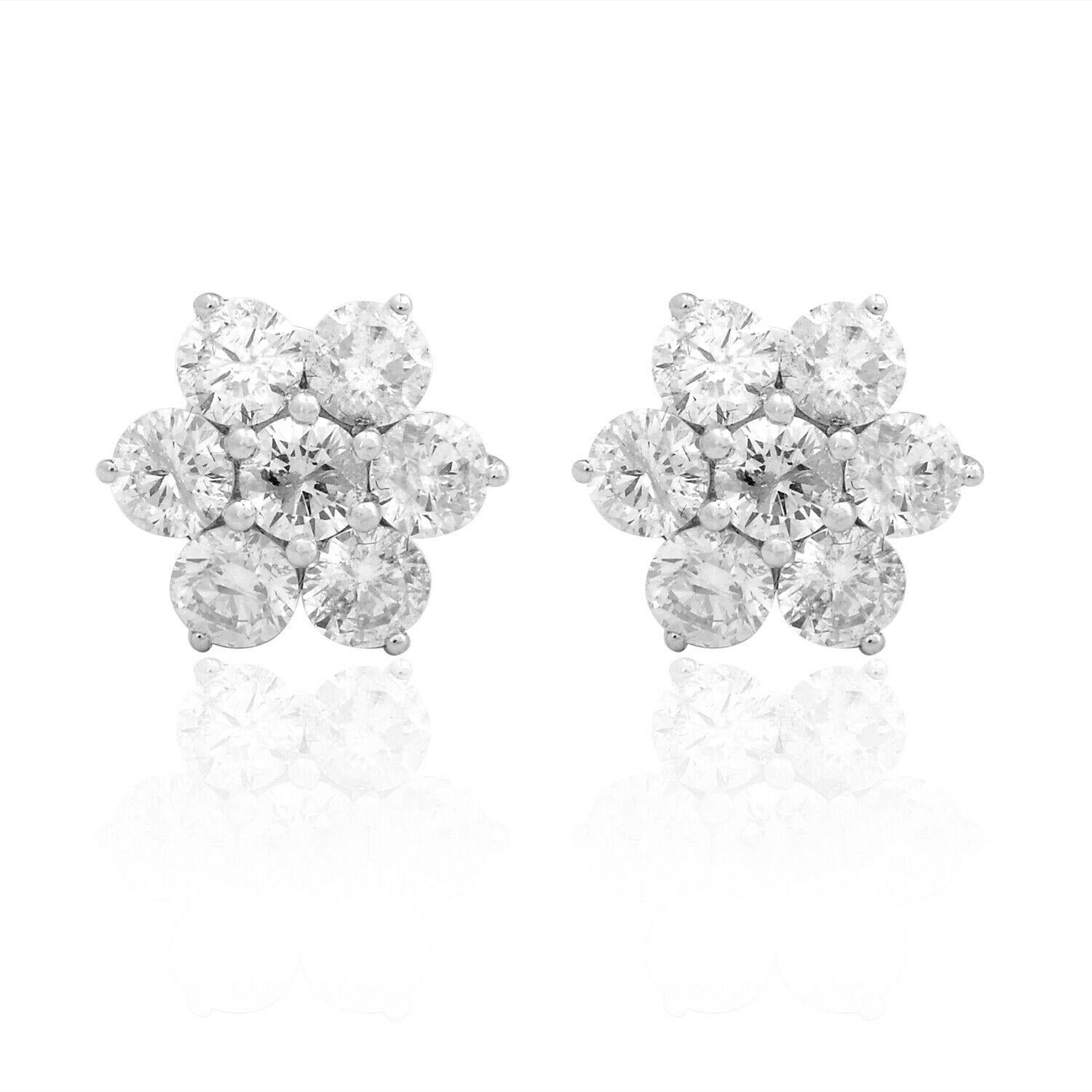 Mixed Cut 2.90 Carat Diamond 18 Karat White Gold Flower Stud Earrings For Sale