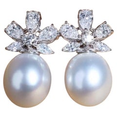 Designer Nikabell 18K White Gold South Sea Pearl Diamond Earrings