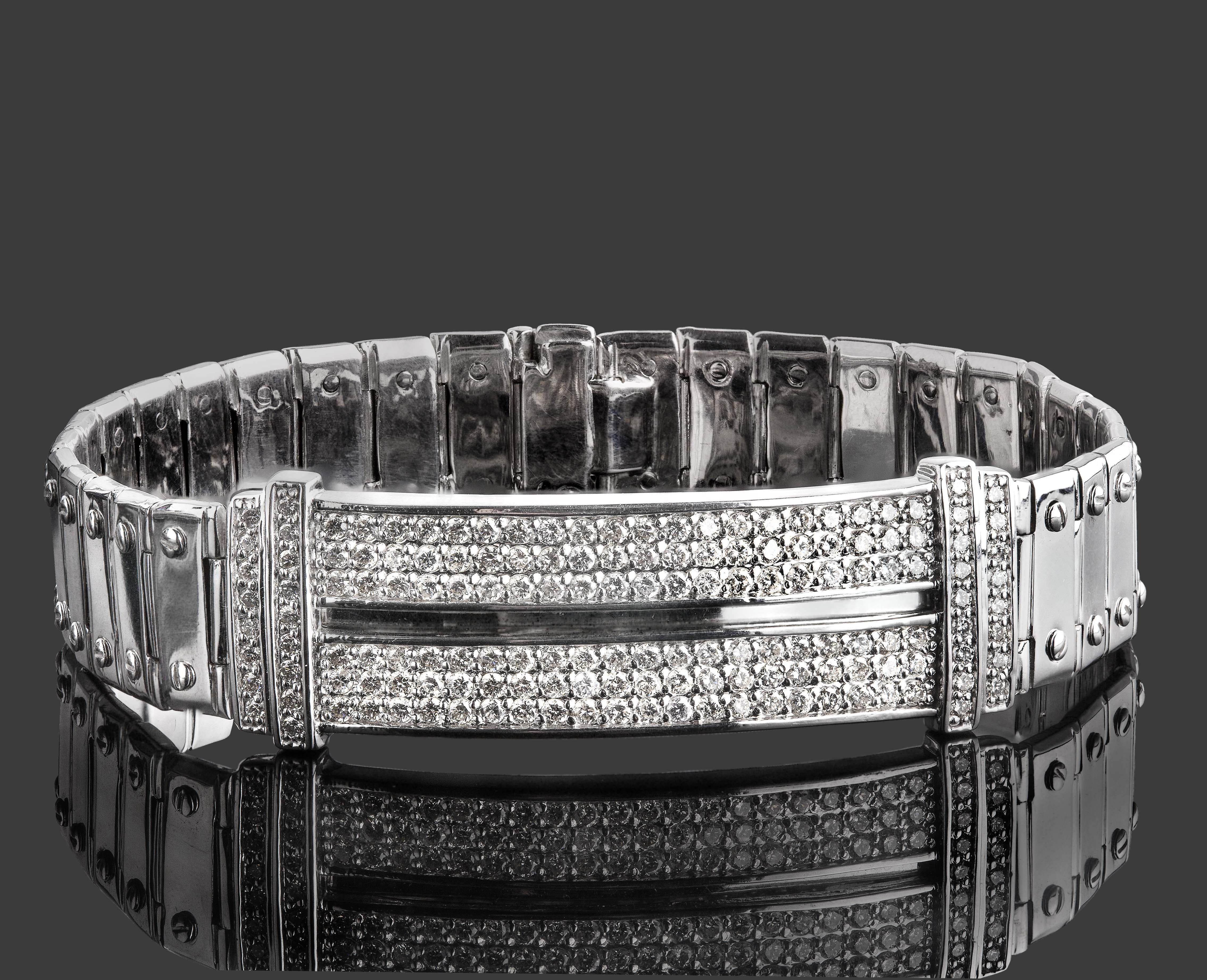 Taglio rotondo Bracciale con diamanti da uomo da 2,90 carati a vite A Link in oro bianco massiccio 14k 58,3 grammi 8