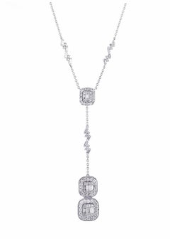 2.90 Carat Baguette and Round Diamond Fashion "Y" Necklace in 14kt White Gold
