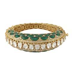 28.95 Carat Rose Cut Diamond Emerald 14 Karat Gold Maharaja Bangle Bracelet
