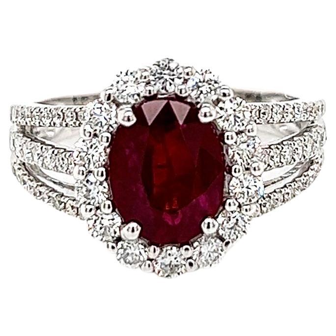 2.90 Total Carat Oval Ruby and Diamond Halo Ladies Ring. GIA Certified. For Sale