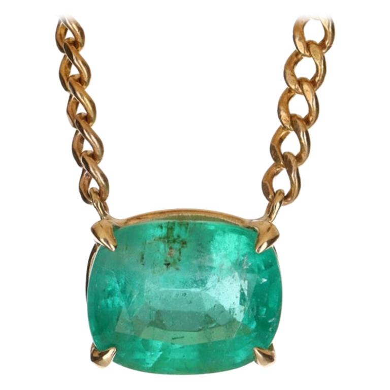 2.90ct 14K Cushion Colombian Emerald East to West Necklace