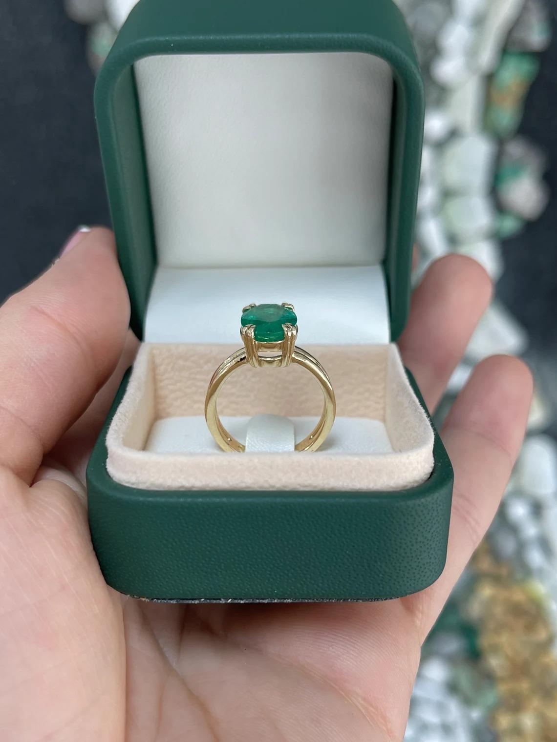 2.90ct 14K Rich Lush Green Oval Cut Emerald Double Claw Prong Split Shank Ring For Sale 2