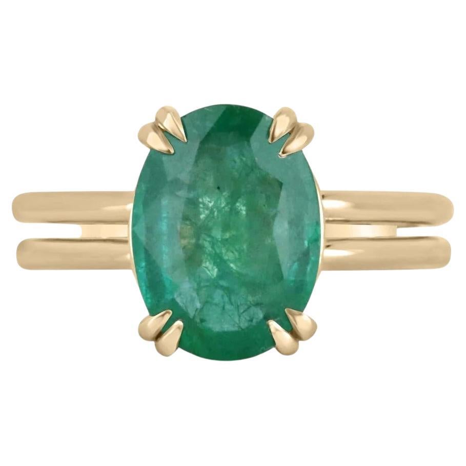 2.90ct 14K Rich Lush Green Oval Cut Emerald Double Claw Prong Split Shank Ring