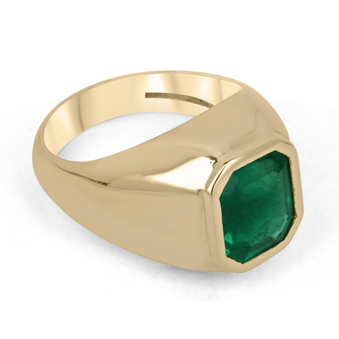 A remarkable AAA emerald BOLD solitaire hand-crafted ring masterpiece. This dapper piece features a spectacular 2.90-carat, fine rare Colombian emerald that displays the most outstanding rich, vivid, dark green color with excellent qualities. Very