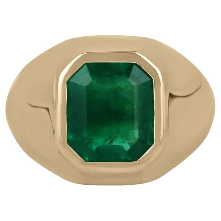 2.90ct 18K Deep Rich Green Colombian Emerald Cut Emerald Solitaire Bezel Ring For Sale