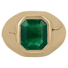 Vintage 2.90ct 18K Deep Rich Green Colombian Emerald Cut Emerald Solitaire Bezel Ring
