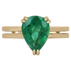 2.90ct 18K Natural Pear Cut Emerald Double Prong Set Split Shank Solitaire Ring