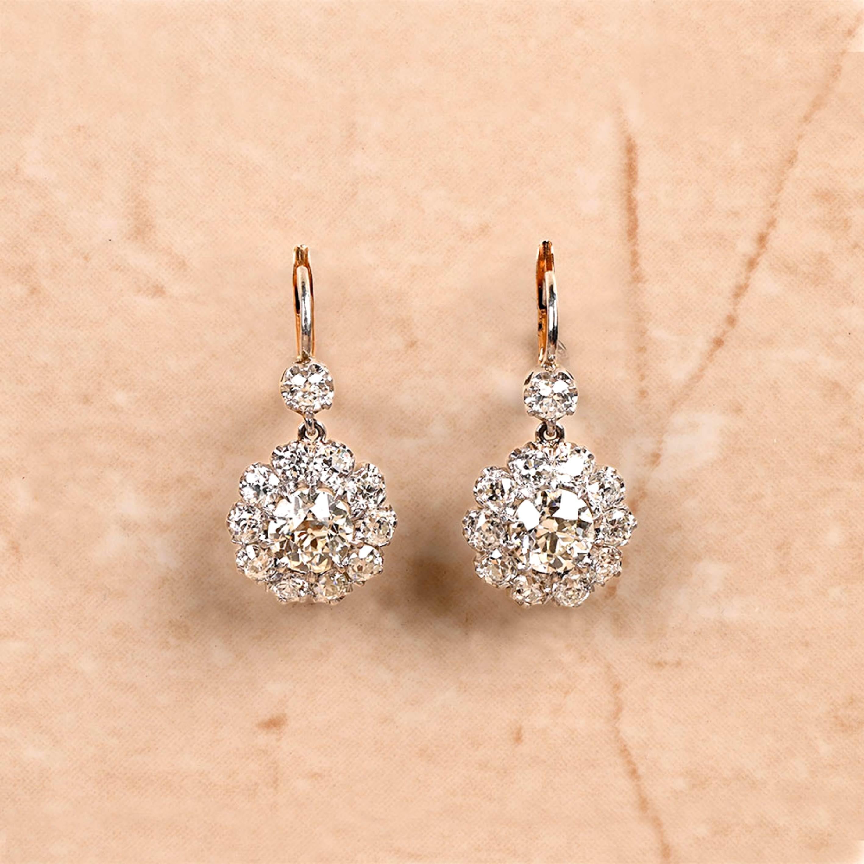 2.90ct Old European Cut Diamond Cluster Earrings, 18K Yellow Gold & Platinum In Excellent Condition For Sale In New York, NY
