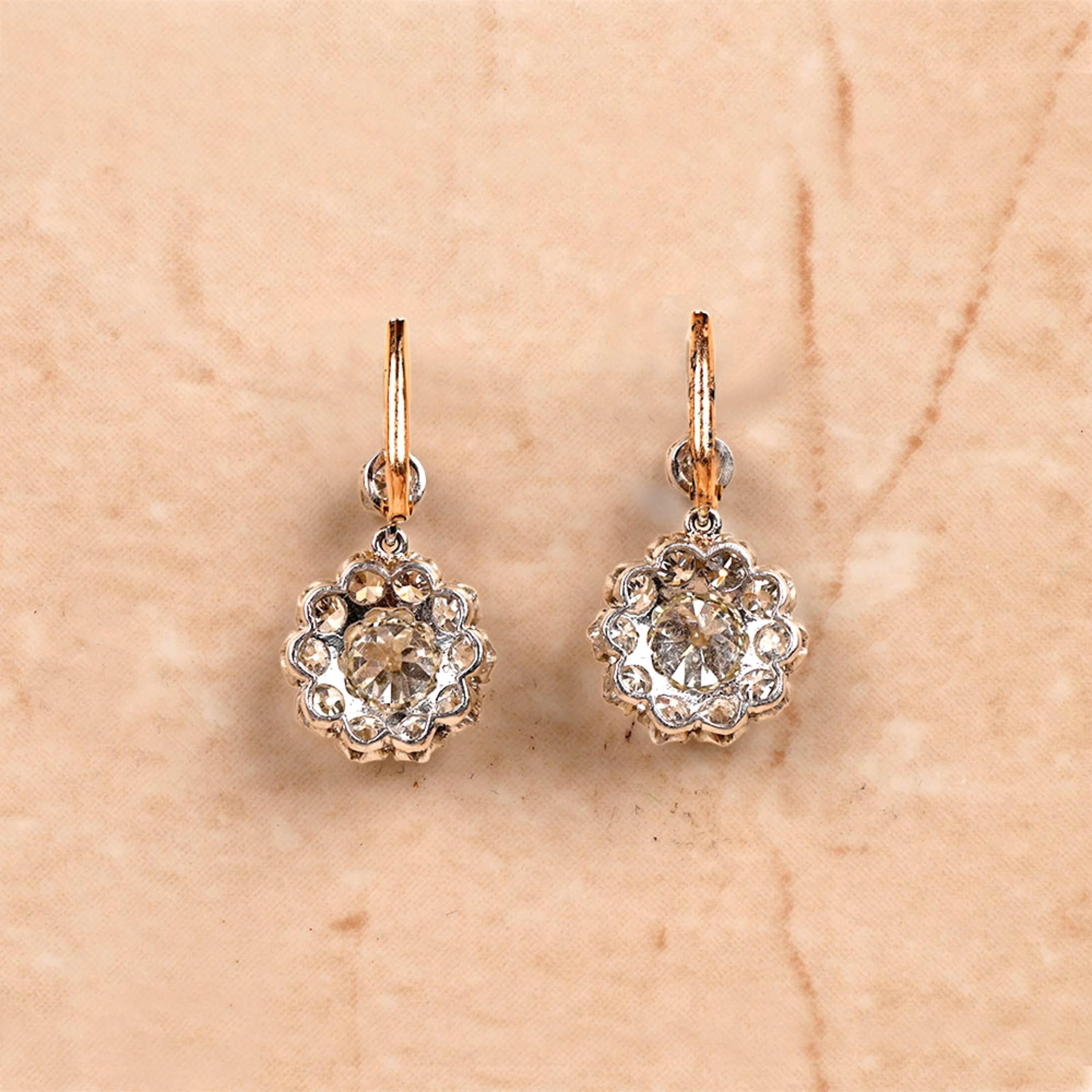 Women's 2.90ct Old European Cut Diamond Cluster Earrings, 18K Yellow Gold & Platinum For Sale