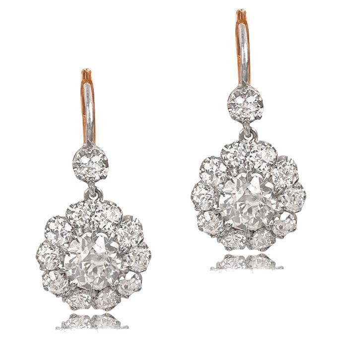 2.90ct Old European Cut Diamond Cluster Earrings, 18K Yellow Gold & Platinum For Sale