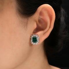 2.90cts Zambian Emerald 1.30cts Diamond Halo Stud Earrings 14k Solid White Gold