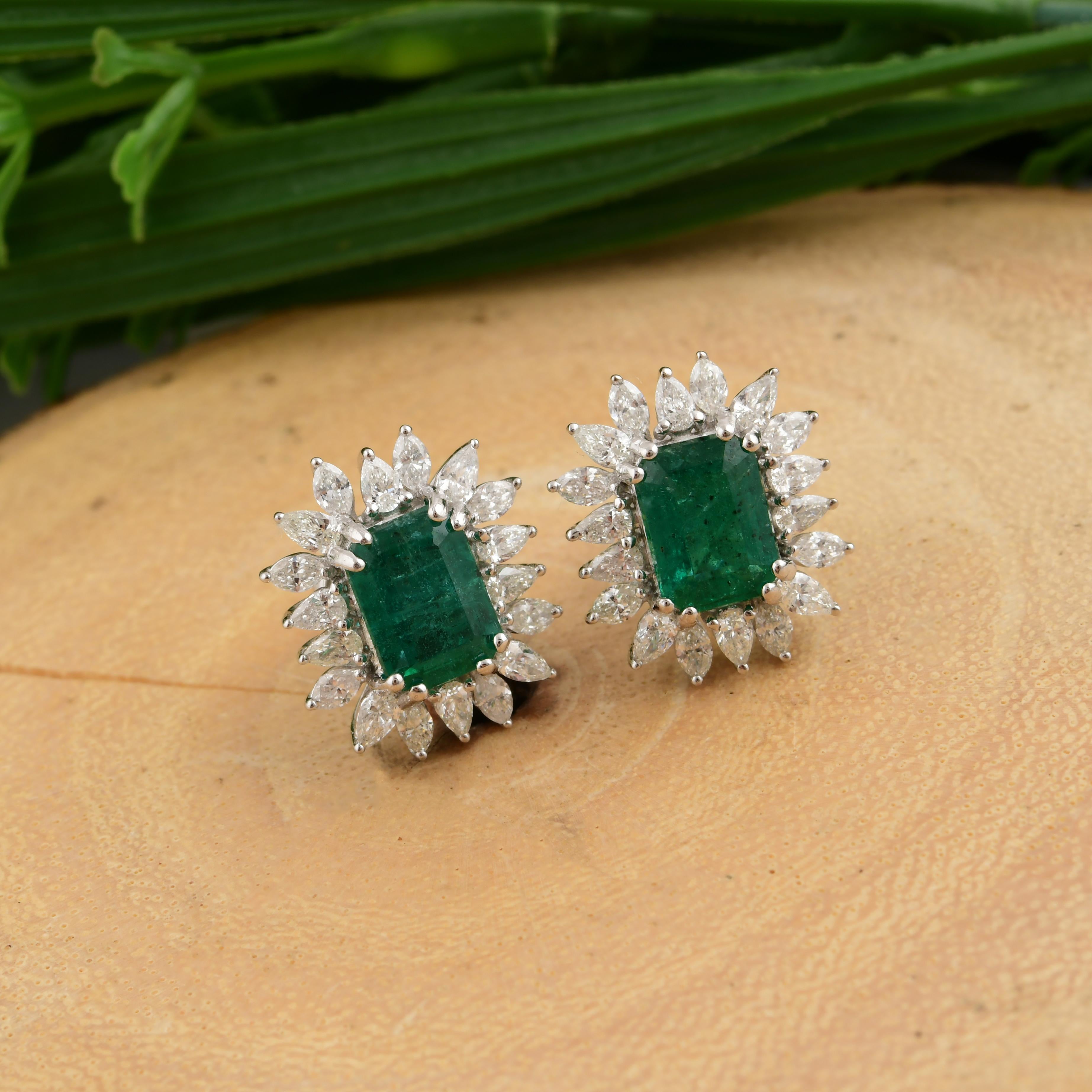 Octagon Cut 2.90cts Zambian Emerald 1.30cts Diamond Halo Stud Earrings 18k Solid White Gold For Sale