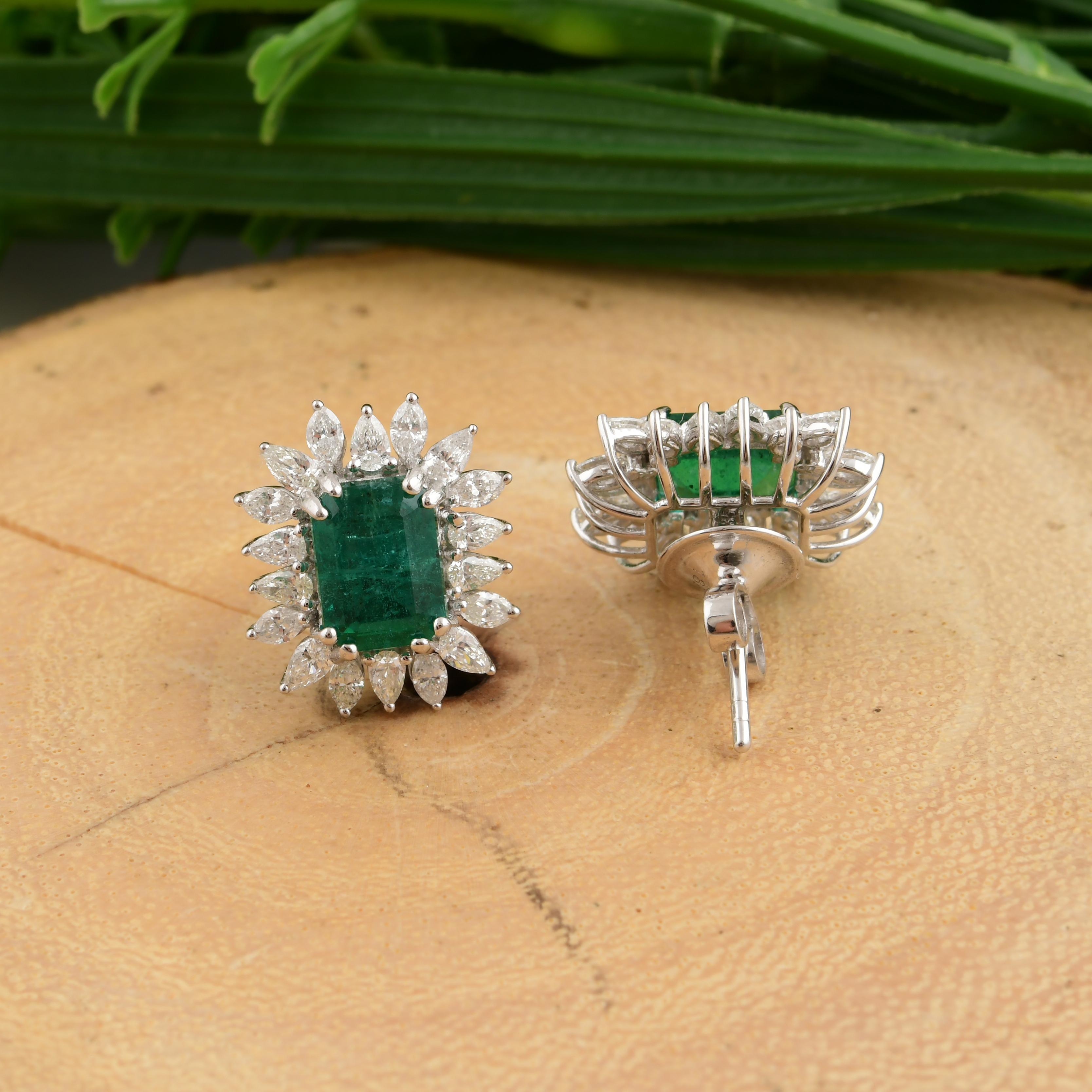 Women's 2.90cts Zambian Emerald 1.30cts Diamond Halo Stud Earrings 18k Solid White Gold For Sale