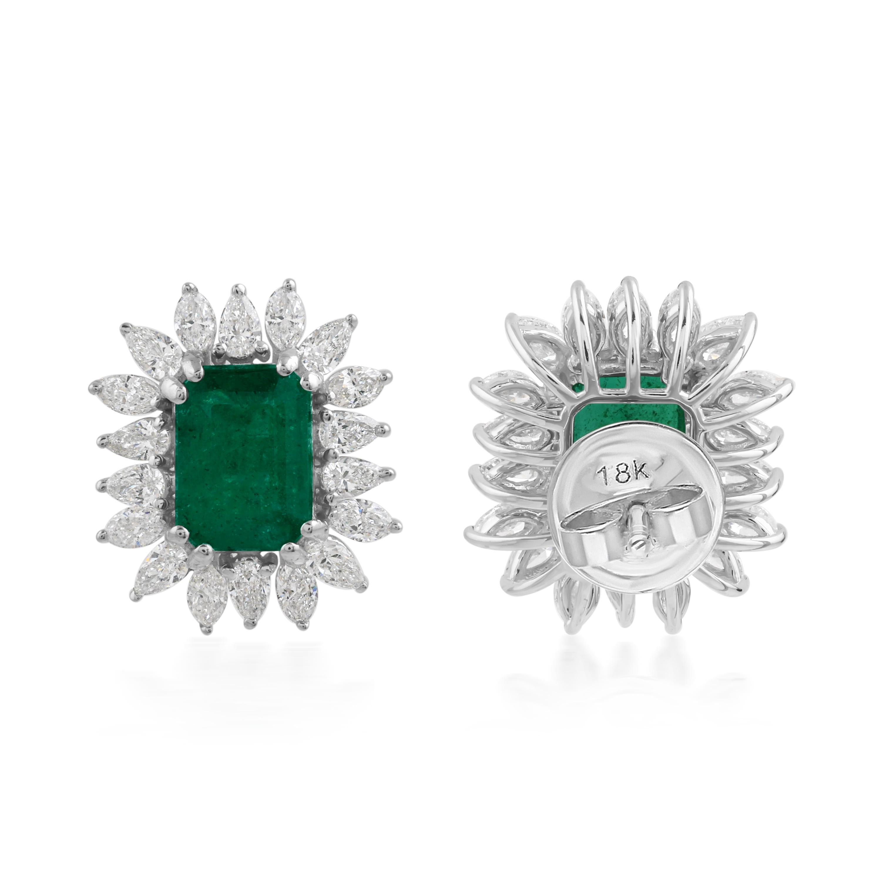 2.90cts Zambian Emerald 1.30cts Diamond Halo Stud Earrings 18k Solid White Gold For Sale 1