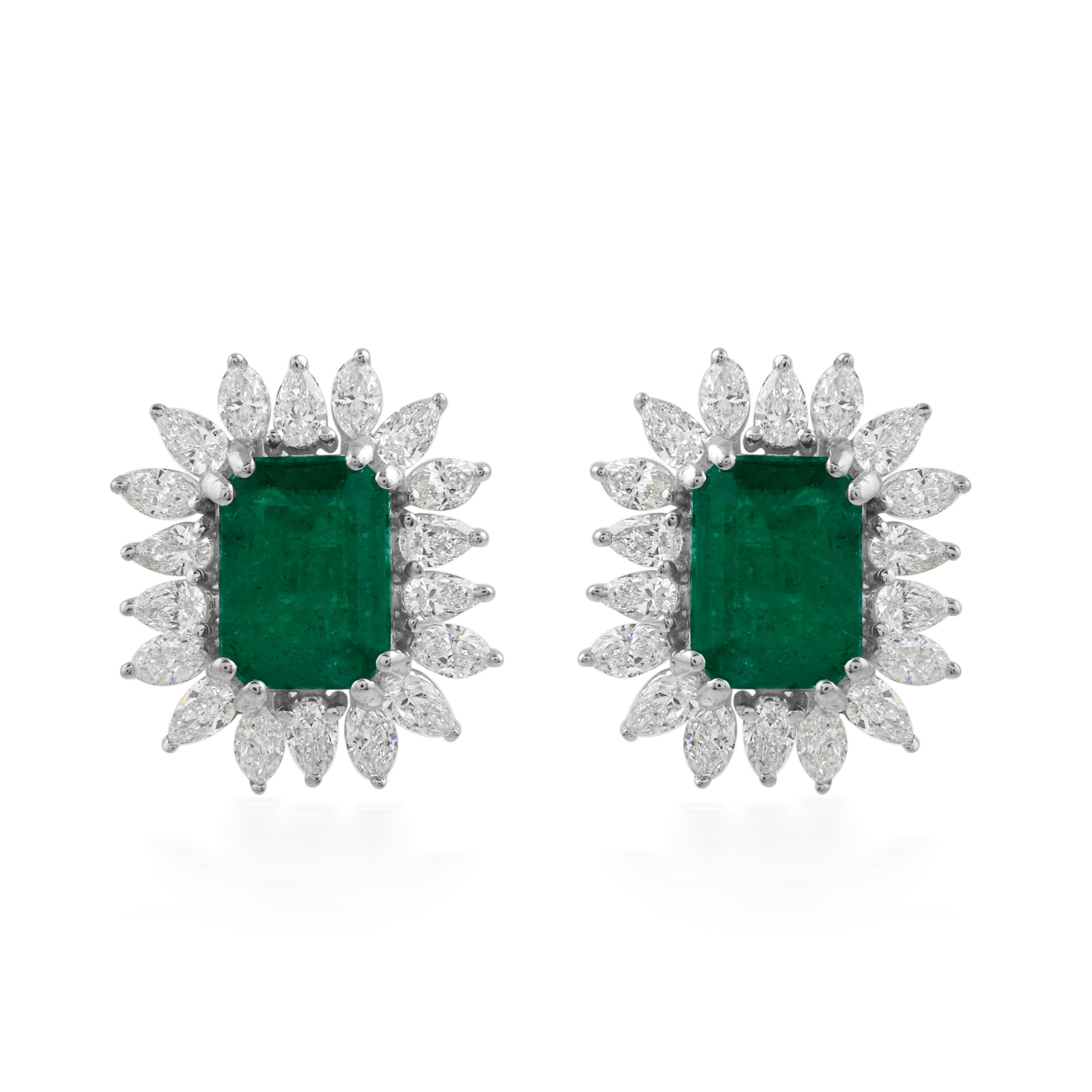 2.90cts Zambian Emerald 1.30cts Diamond Halo Stud Earrings 18k Solid White Gold For Sale 2