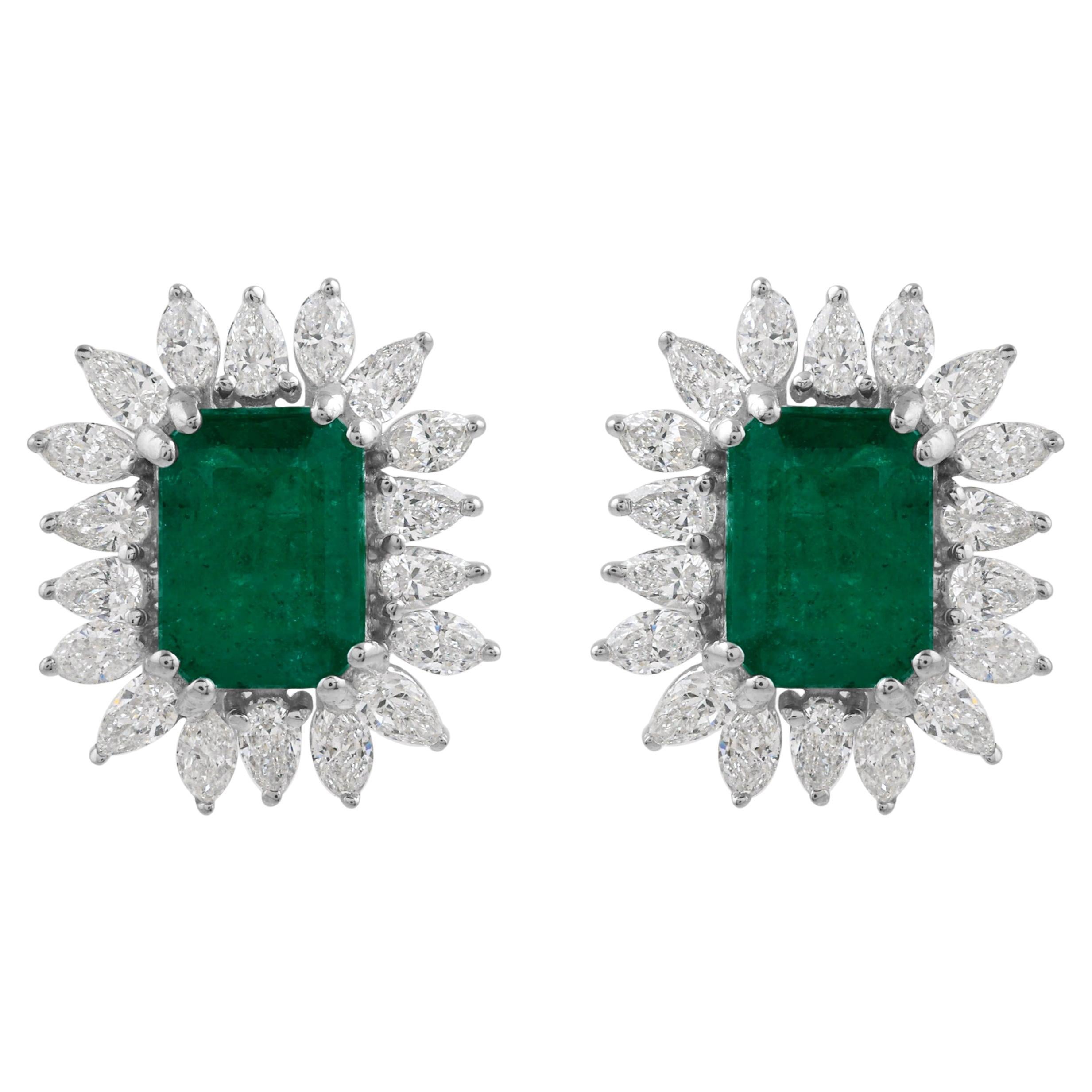 2.90cts Zambian Emerald 1.30cts Diamond Halo Stud Earrings 18k Solid White Gold For Sale