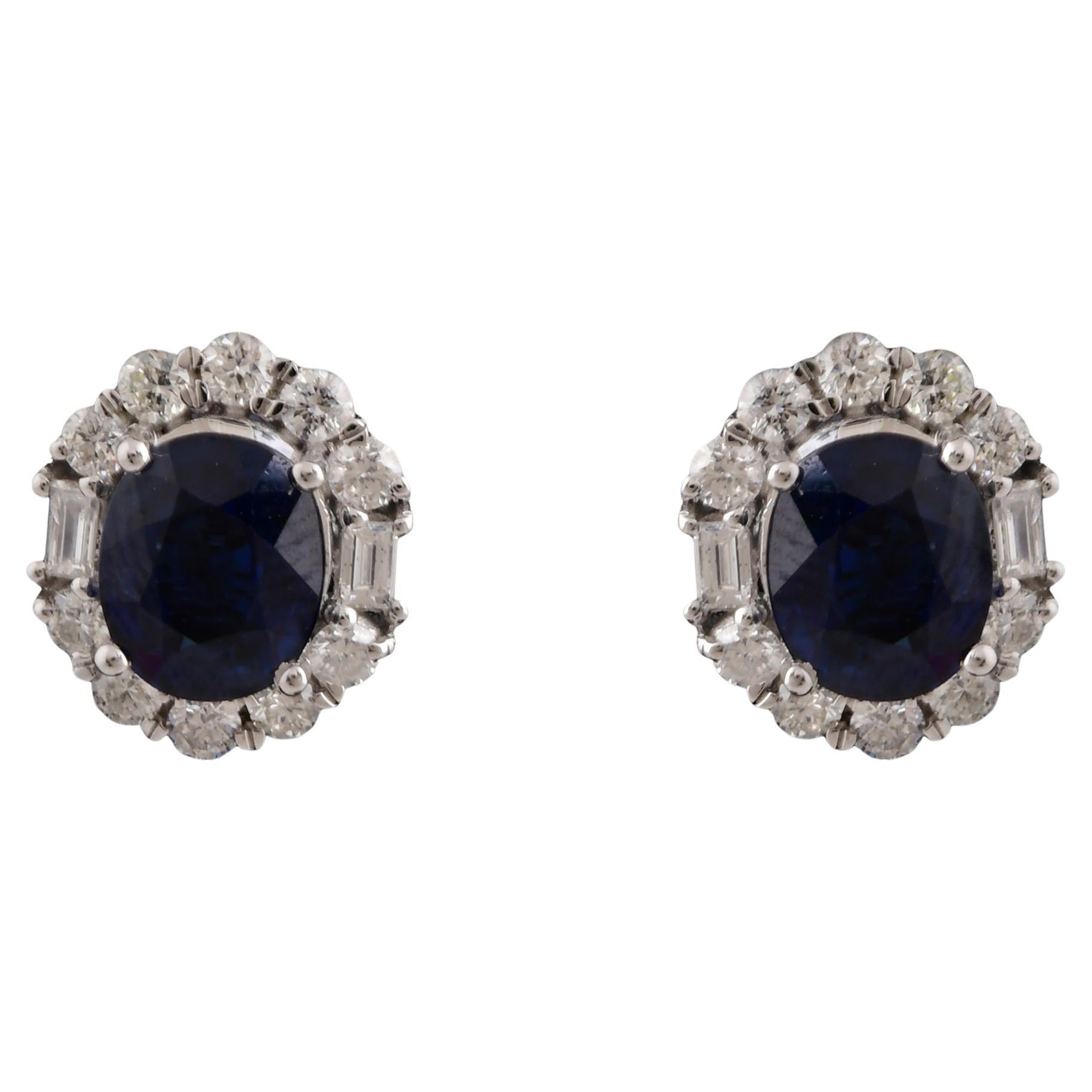 2.91 Carat Blue Sapphire 0.62 Carat SI/H Diamond Earrings 18 Karat White Gold