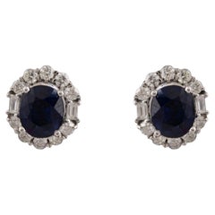 2.91 Carat Blue Sapphire 0.62 Carat SI/H Diamond Earrings 18 Karat White Gold