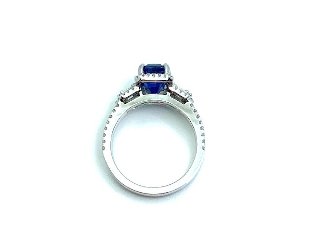 2.91 Carat Blue Sapphire Cushion, Diamond Baguette, White Gold Cocktail Ring In New Condition In Los Angeles, CA