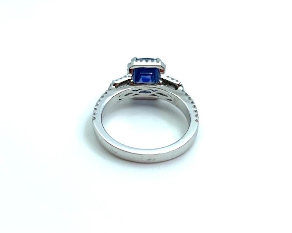 Women's or Men's 2.91 Carat Blue Sapphire Cushion, Diamond Baguette, White Gold Cocktail Ring