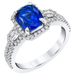 2.91 Carat Blue Sapphire Cushion, Diamond Baguette, White Gold Cocktail Ring