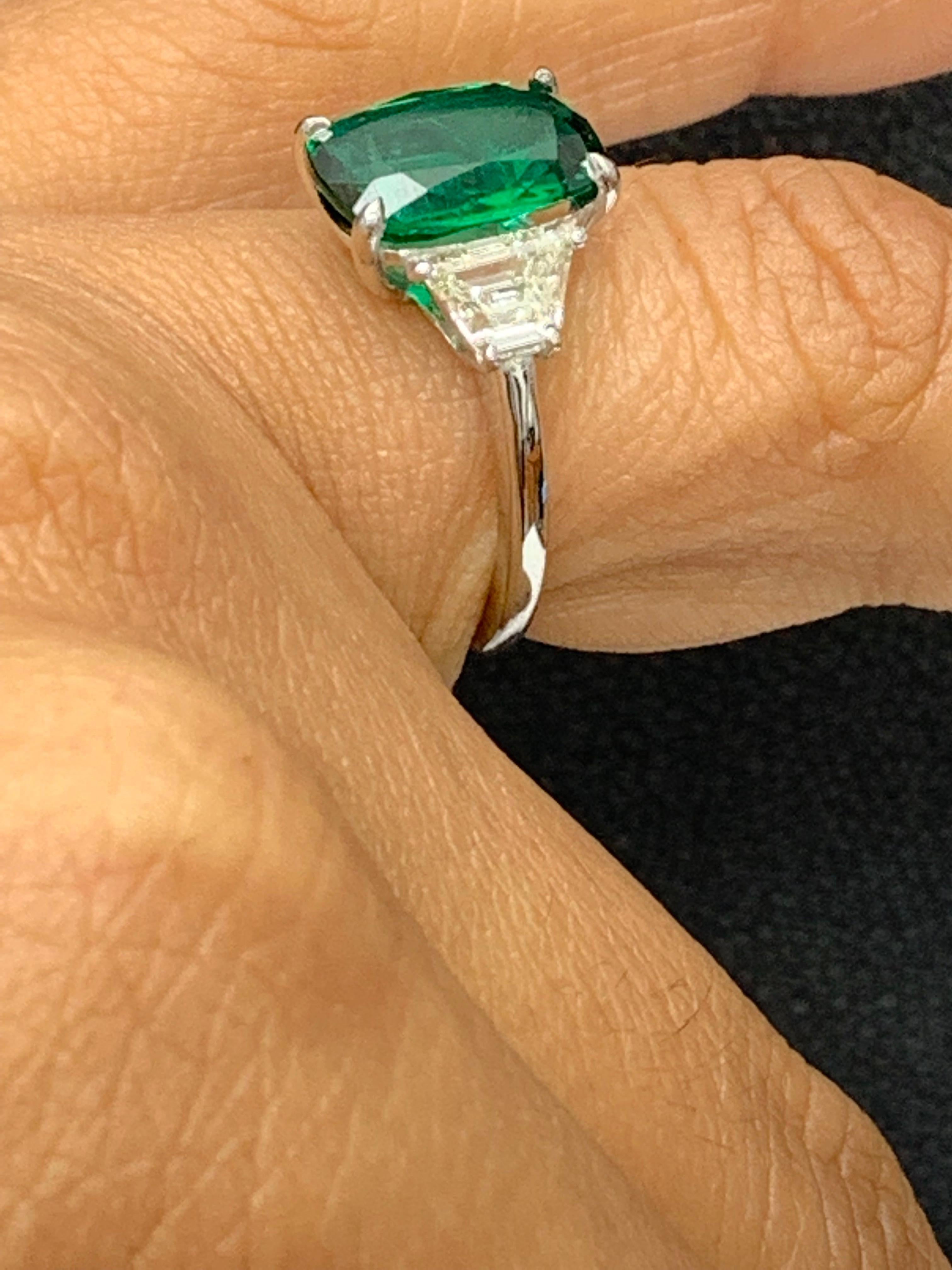 2.91 Carat Cushion Cut Emerald Diamond Three-Stone Engagement Ring in Platinum For Sale 2