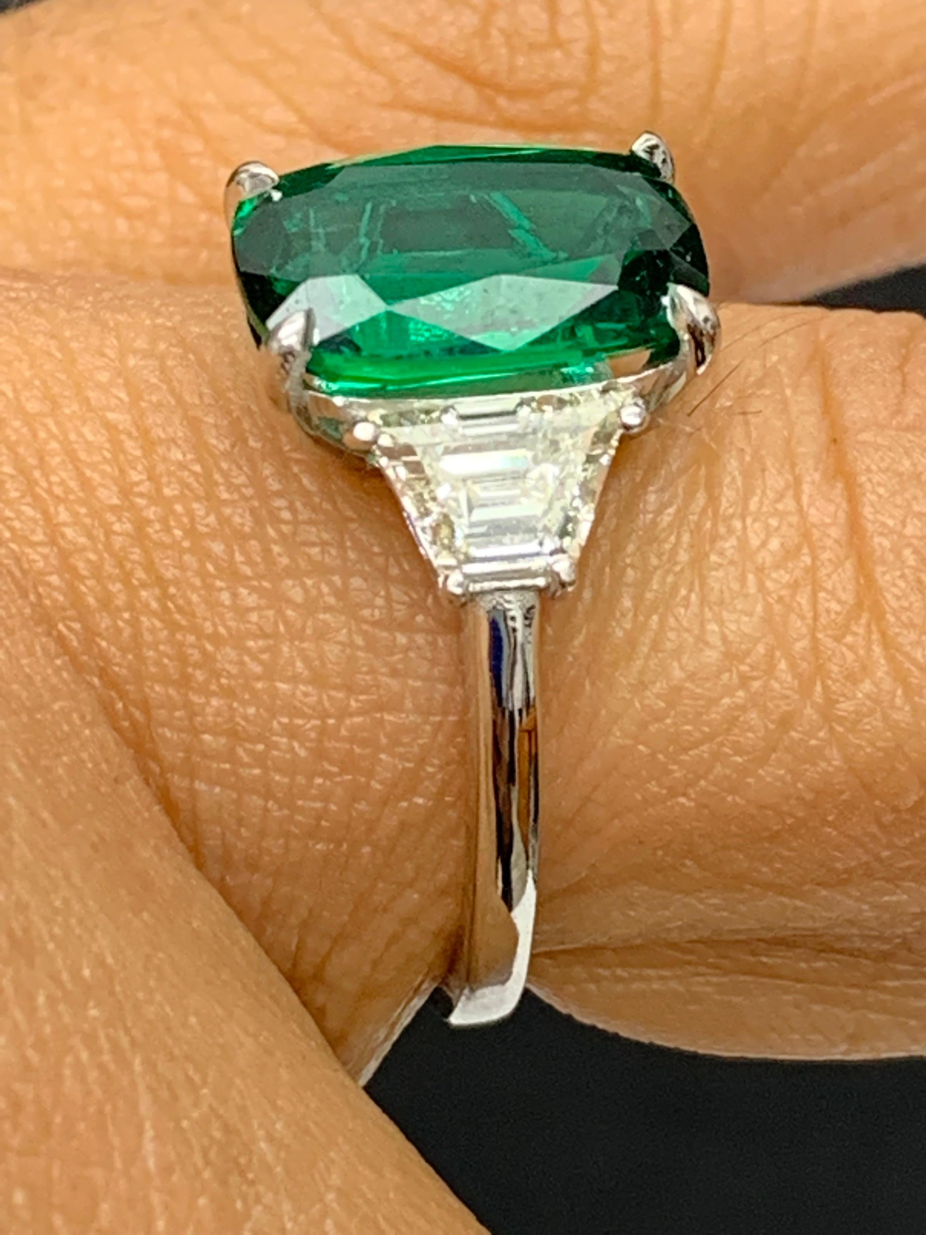 2.91 Carat Cushion Cut Emerald Diamond Three-Stone Engagement Ring in Platinum For Sale 3