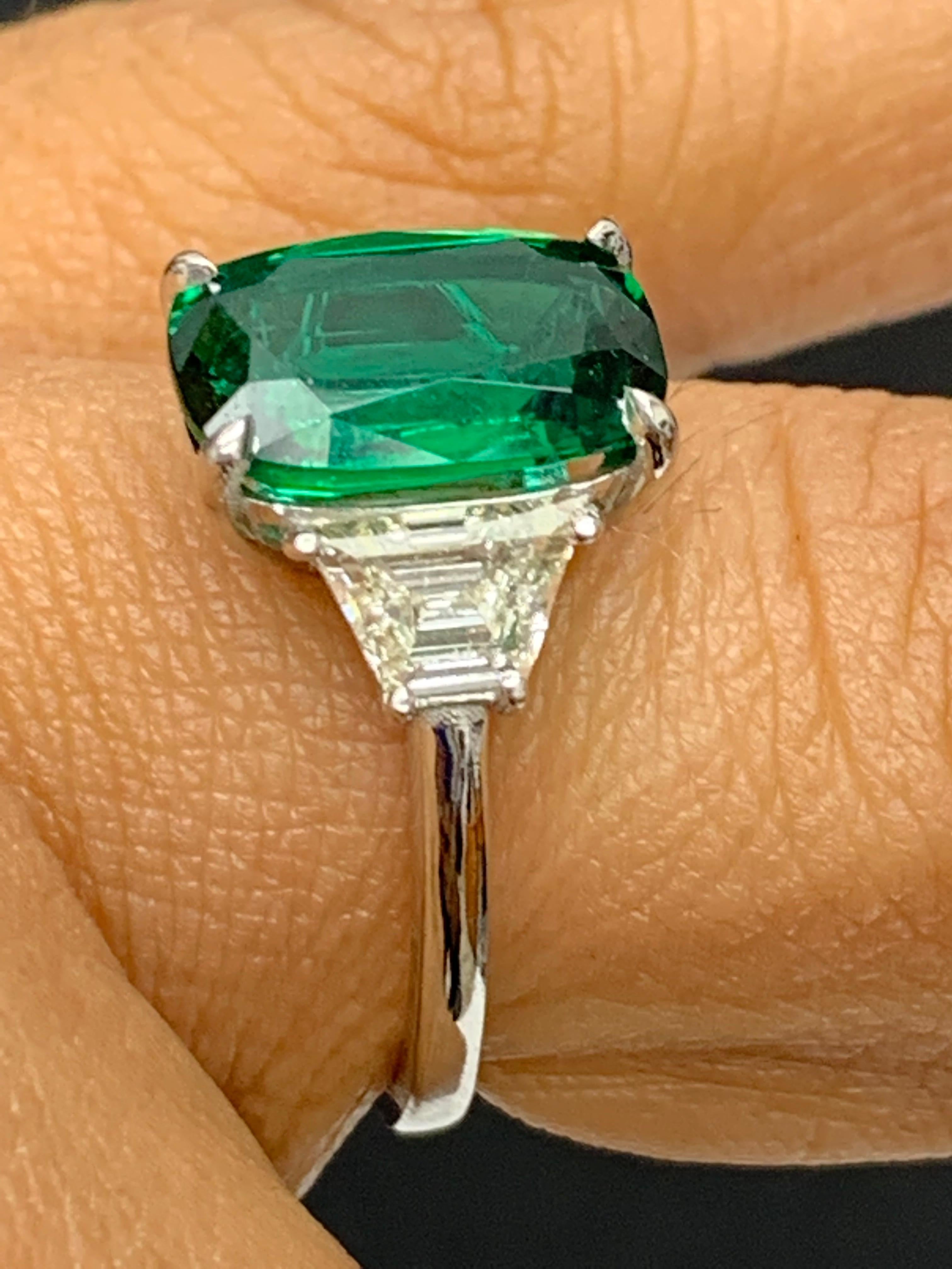 2.91 Carat Cushion Cut Emerald Diamond Three-Stone Engagement Ring in Platinum For Sale 4