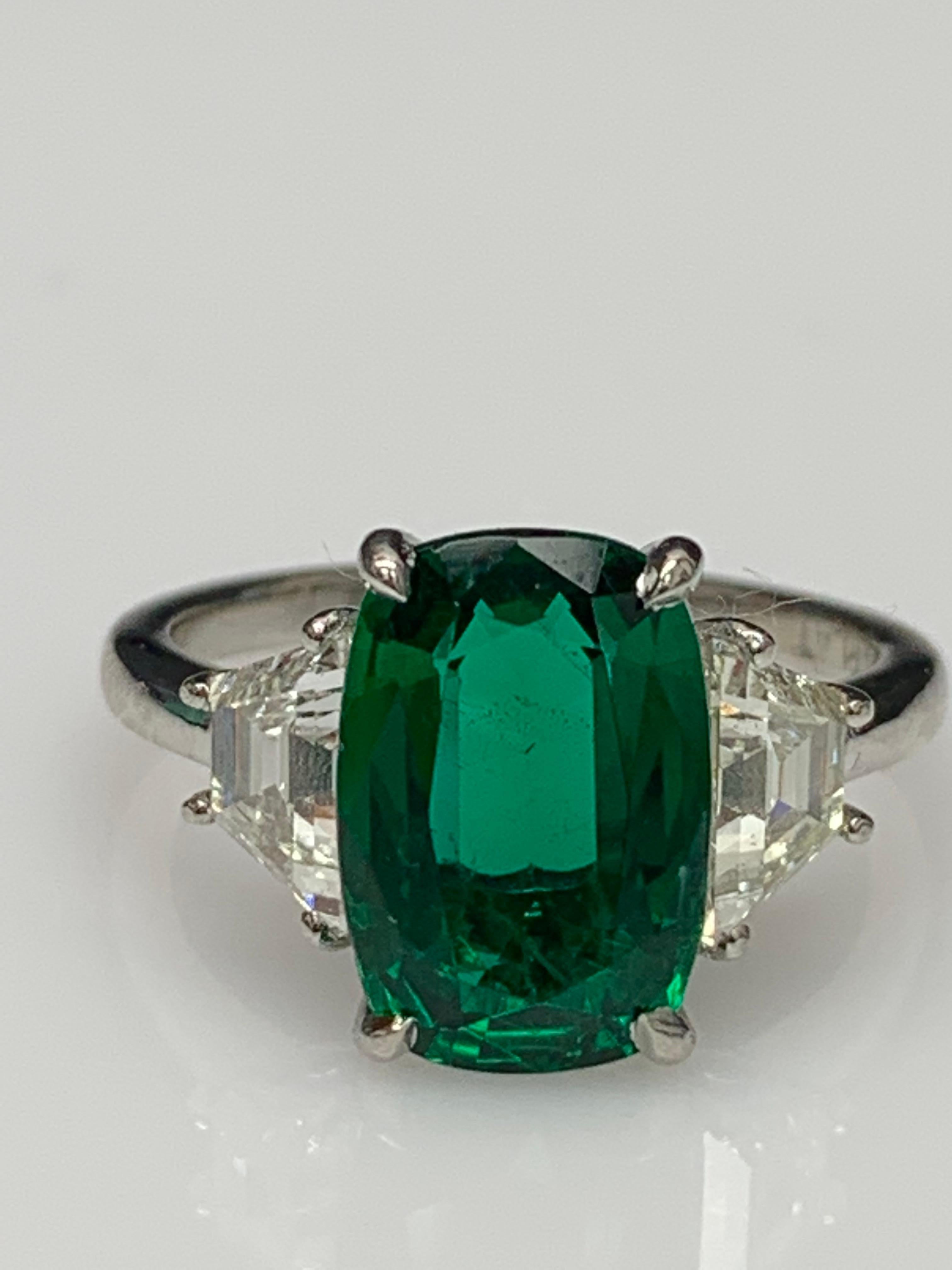 2.91 Carat Cushion Cut Emerald Diamond Three-Stone Engagement Ring in Platinum For Sale 5