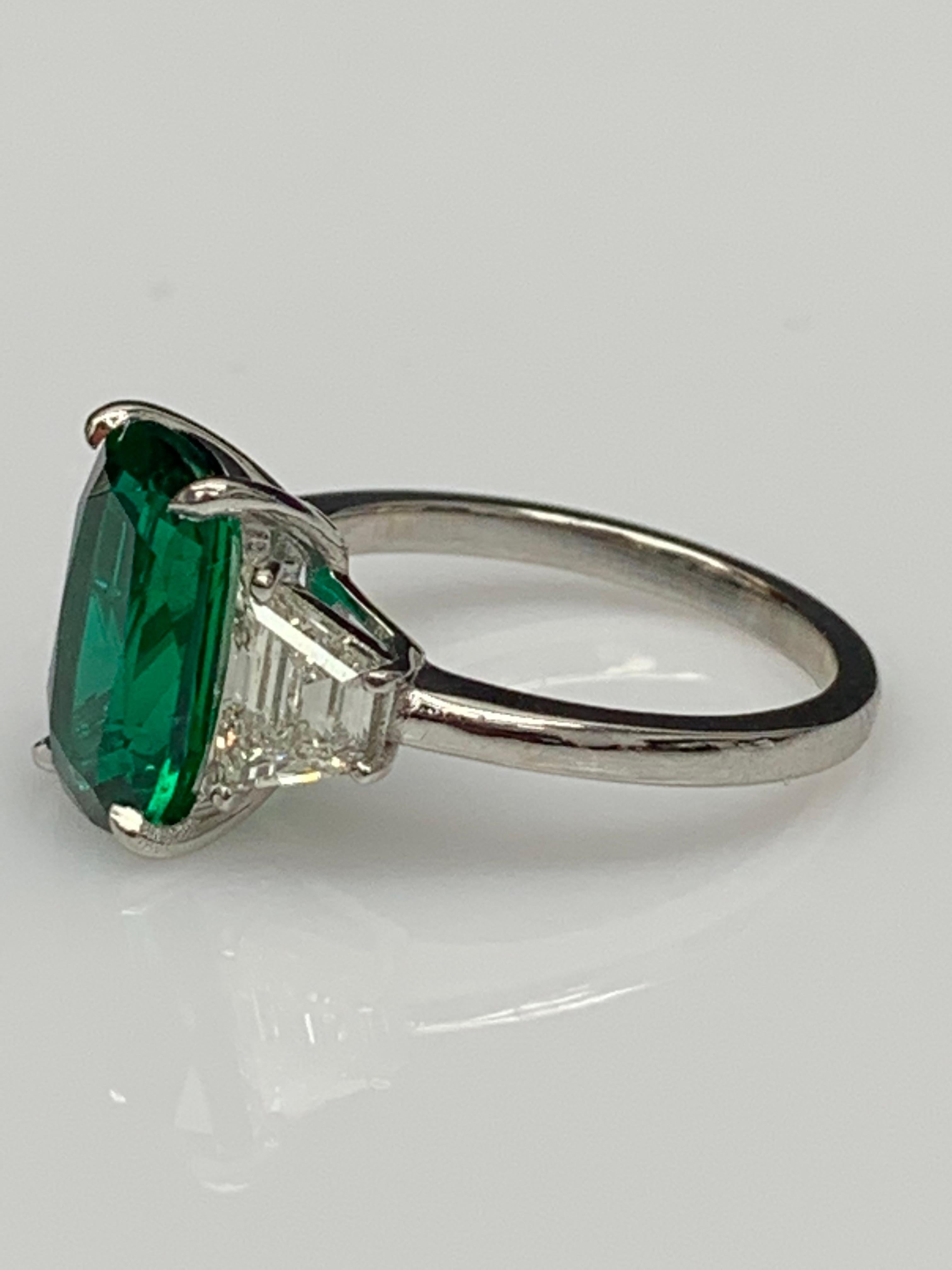 2.91 Carat Cushion Cut Emerald Diamond Three-Stone Engagement Ring in Platinum For Sale 6