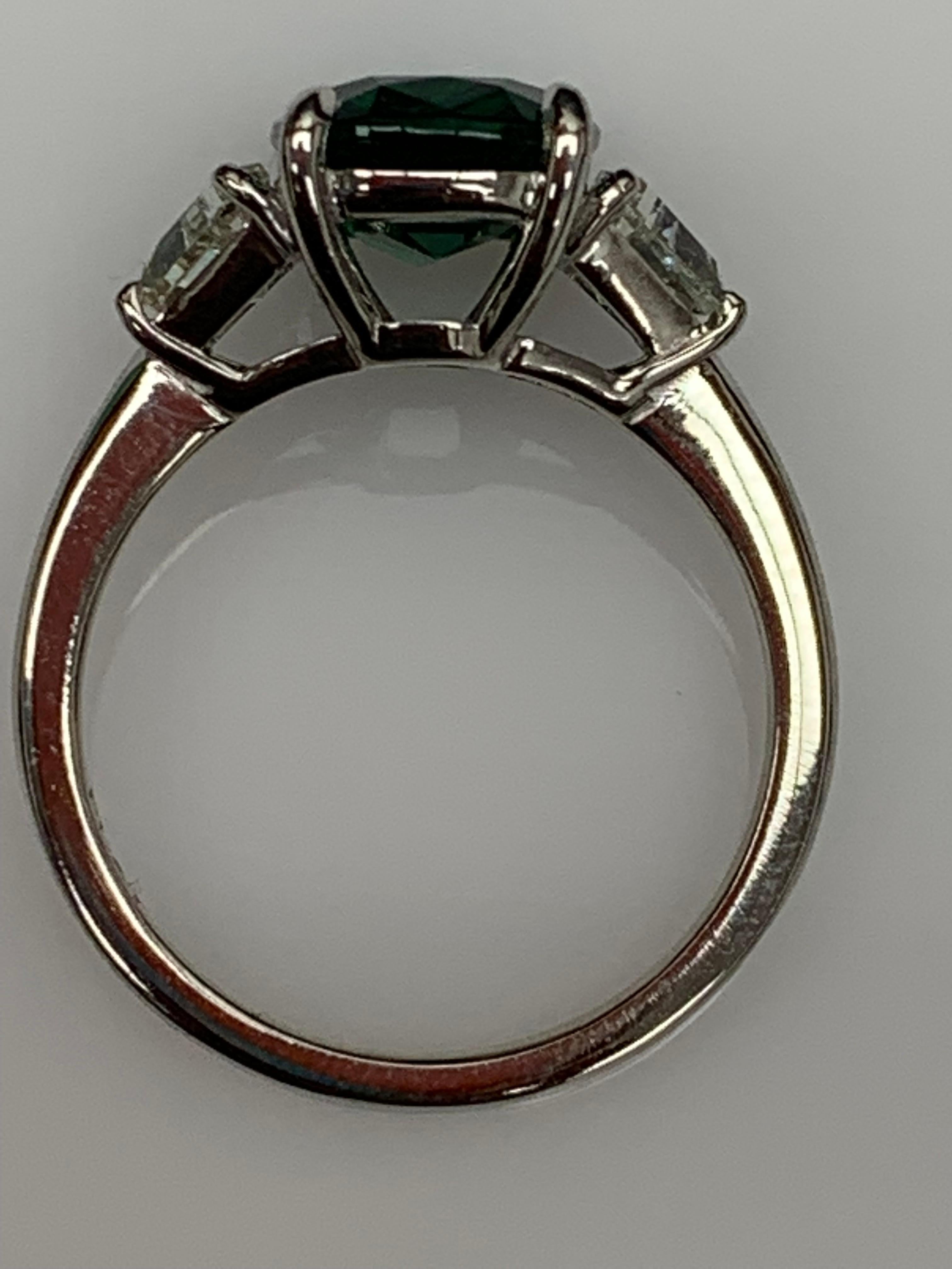 2.91 Carat Cushion Cut Emerald Diamond Three-Stone Engagement Ring in Platinum For Sale 8