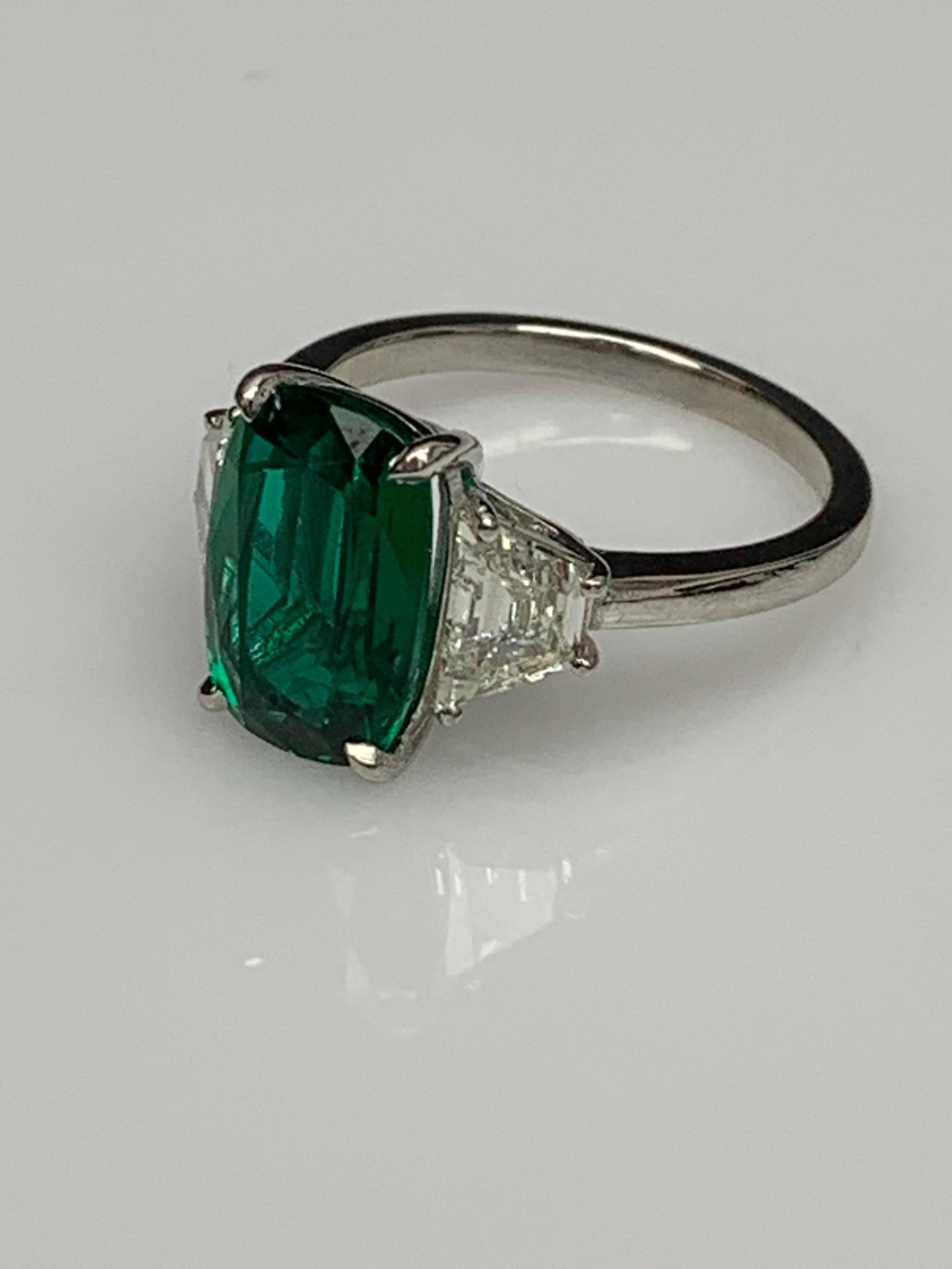 2.91 Carat Cushion Cut Emerald Diamond Three-Stone Engagement Ring in Platinum For Sale 9