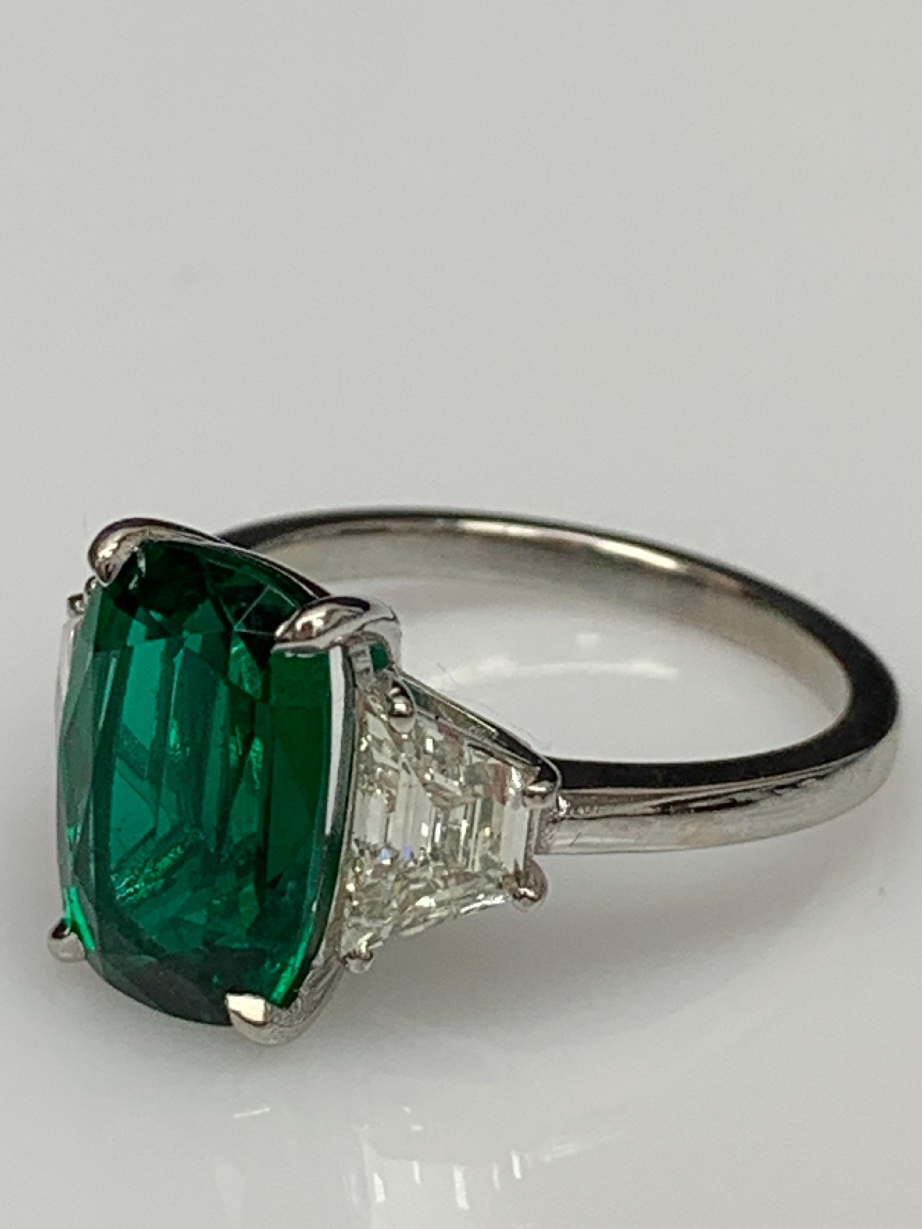 2.91 Carat Cushion Cut Emerald Diamond Three-Stone Engagement Ring in Platinum For Sale 10