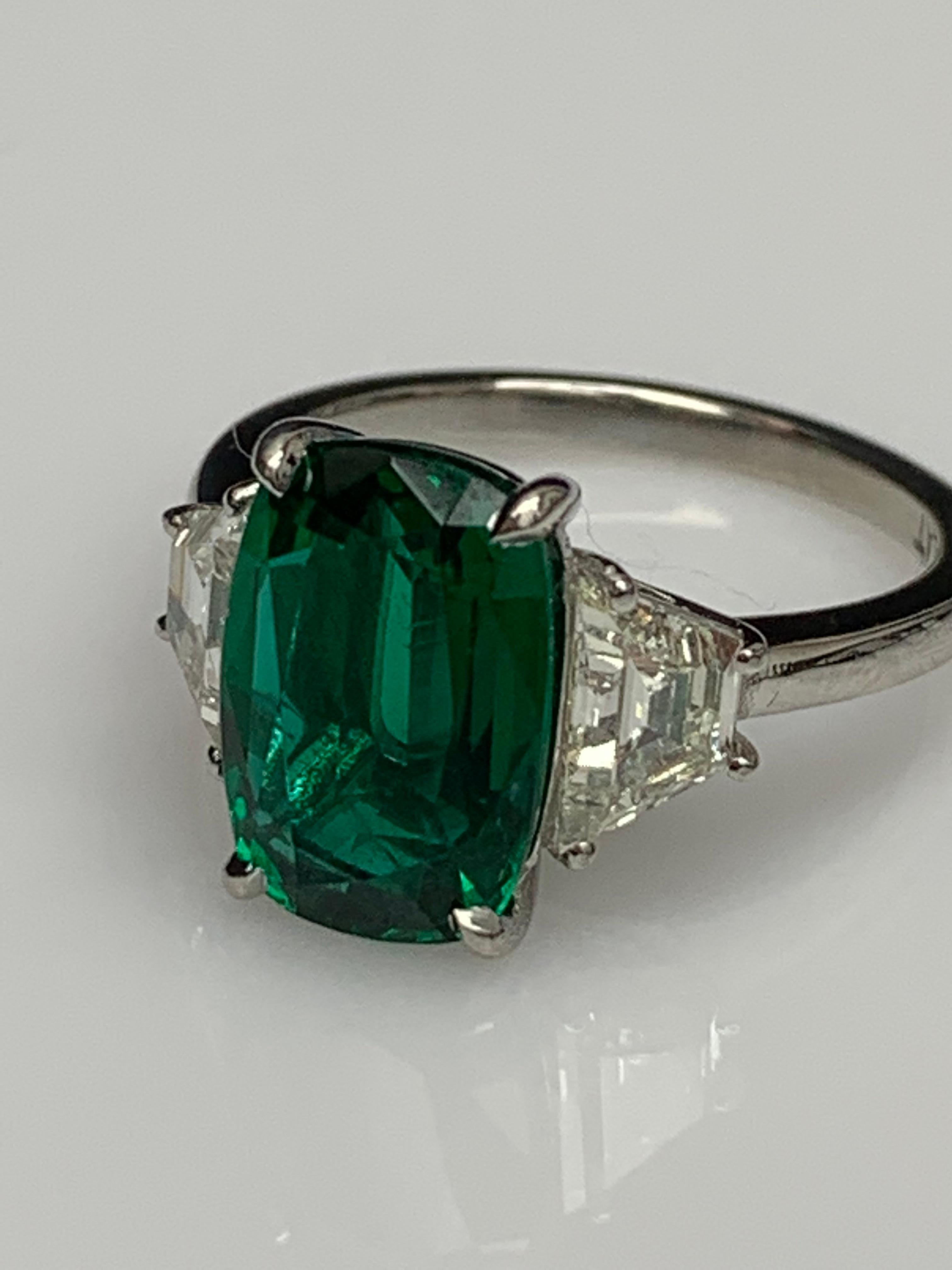 2.91 Carat Cushion Cut Emerald Diamond Three-Stone Engagement Ring in Platinum For Sale 11
