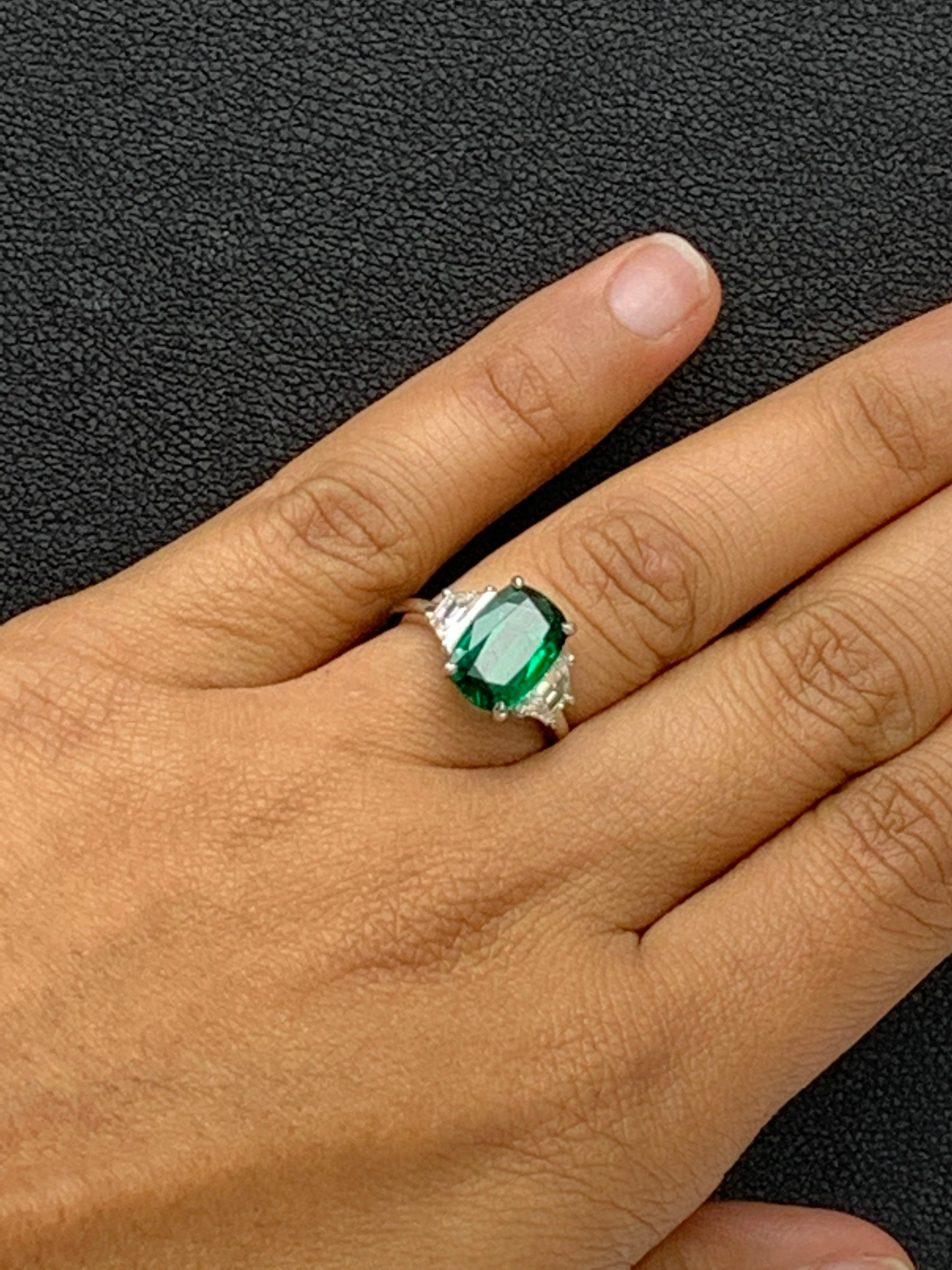 Modern 2.91 Carat Cushion Cut Emerald Diamond Three-Stone Engagement Ring in Platinum For Sale