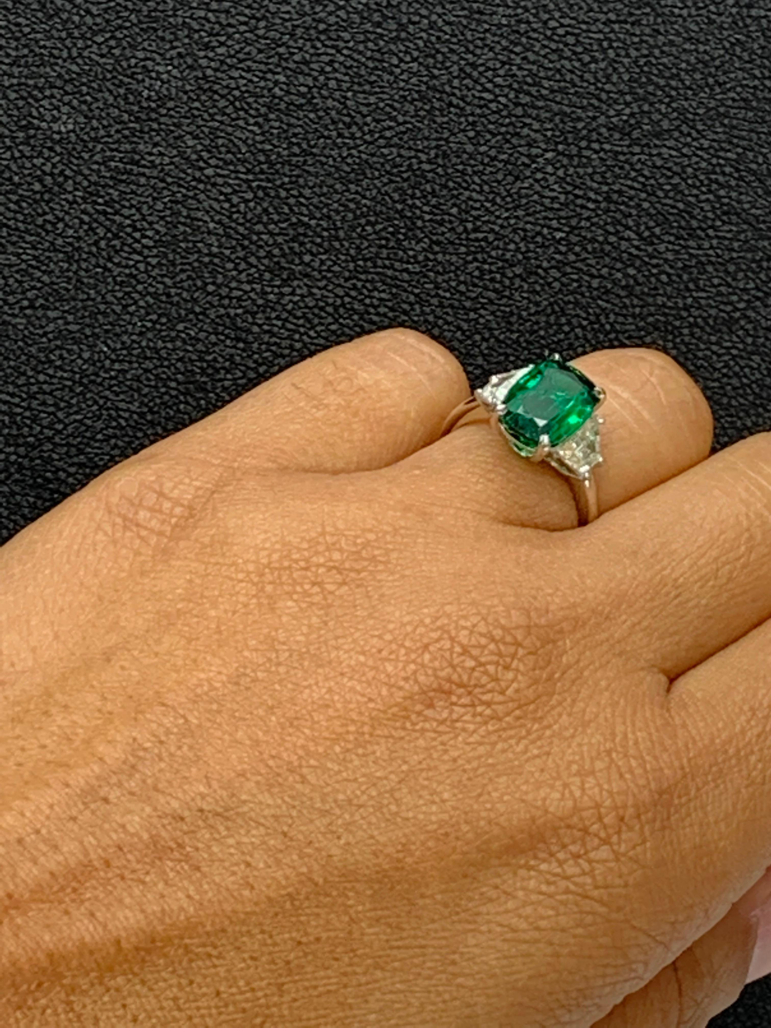 2.91 Carat Cushion Cut Emerald Diamond Three-Stone Engagement Ring in Platinum In New Condition For Sale In NEW YORK, NY